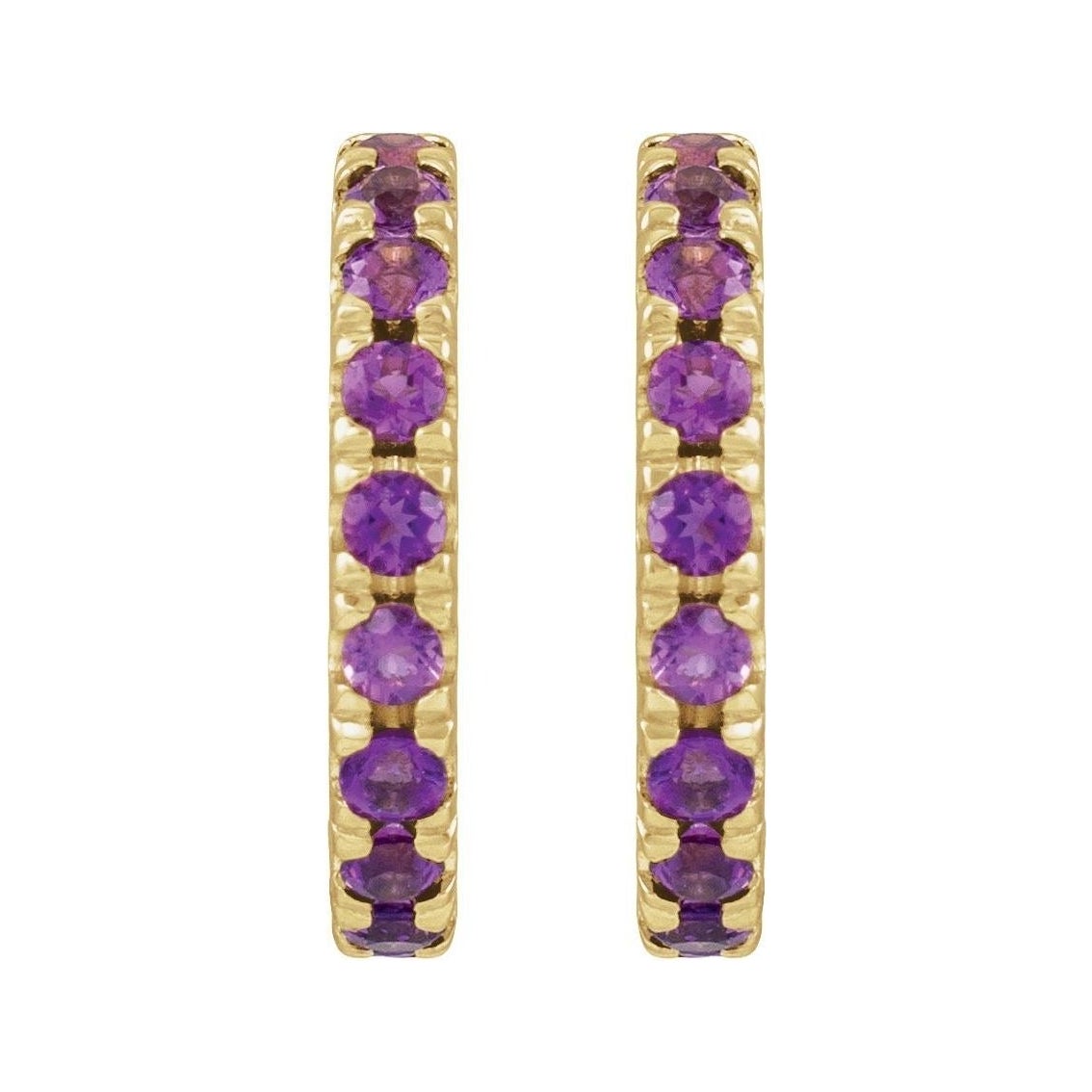 Sapphire Row Natural Gemstone Pavé Huggie Earrings - Amethyst, 14K Yellow Gold (view 2)