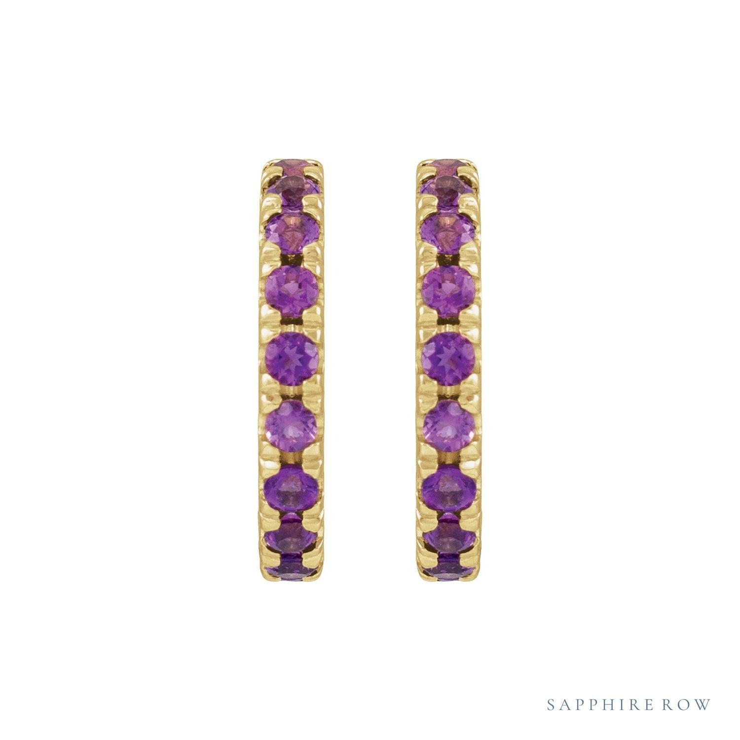 Sapphire Row Natural Gemstone Pavé Huggie Earrings - Amethyst, 14K Yellow Gold (view 2)