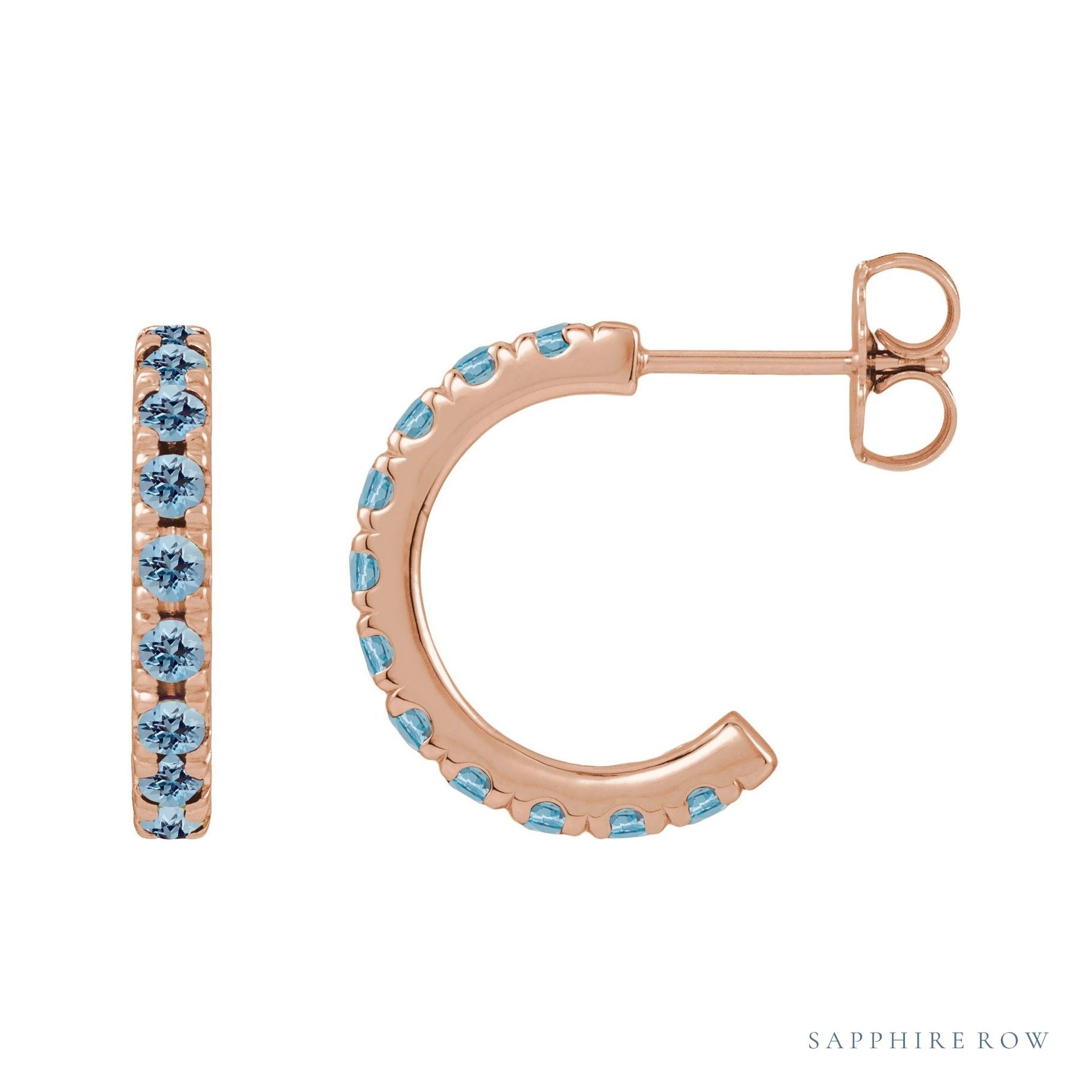 Sapphire Row Natural Gemstone Pavé Huggie Earrings - Aquamarine, 14K Rose Gold