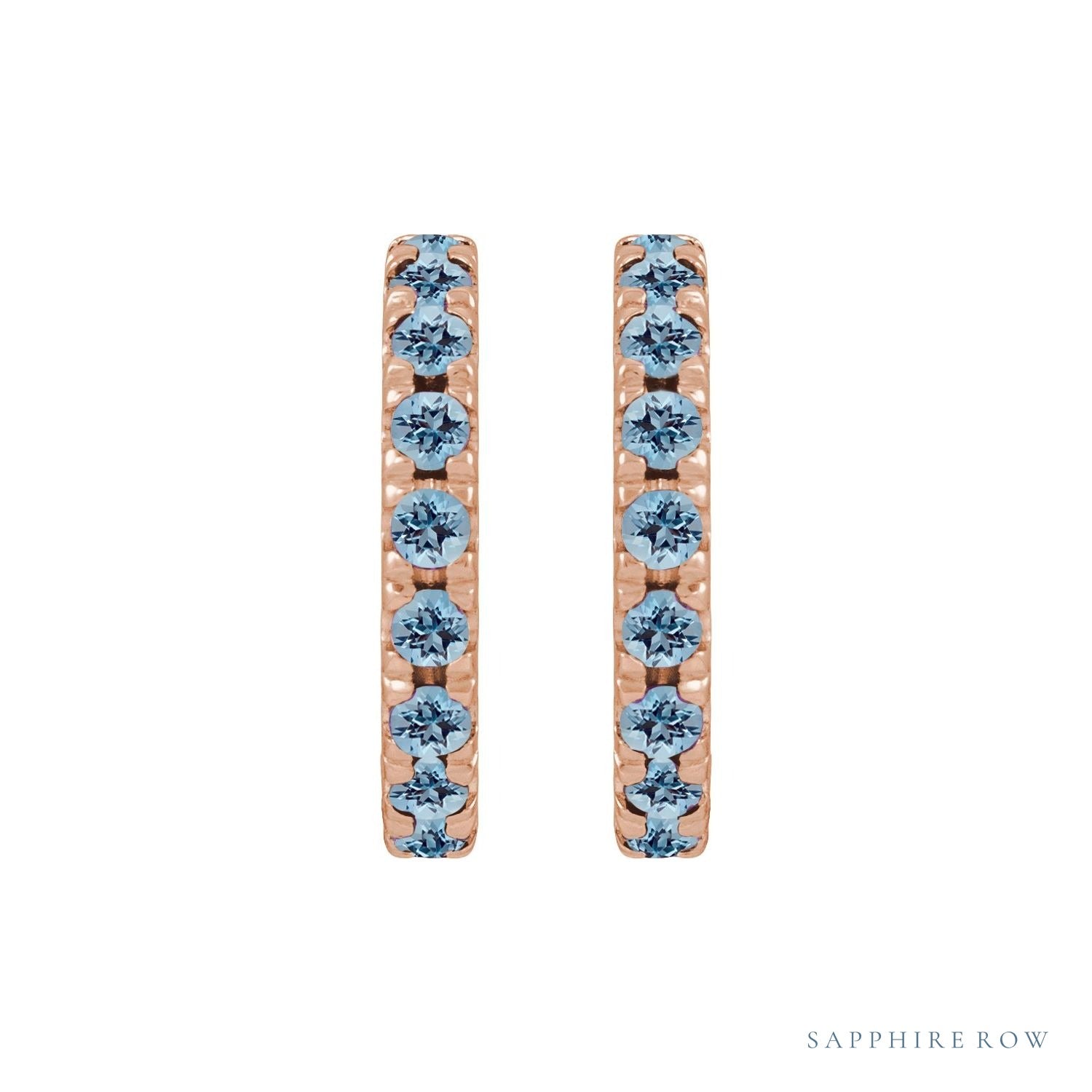 Sapphire Row Natural Gemstone Pavé Huggie Earrings - Aquamarine, 14K Rose Gold (view 2)