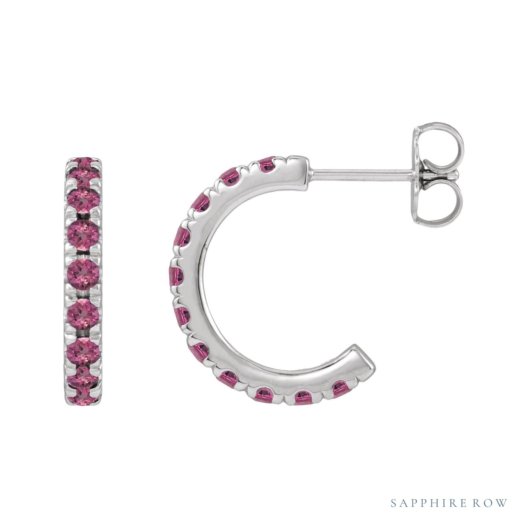 Sapphire Row Natural Gemstone Pavé Huggie Earrings - Pink Tourmaline, Platinum