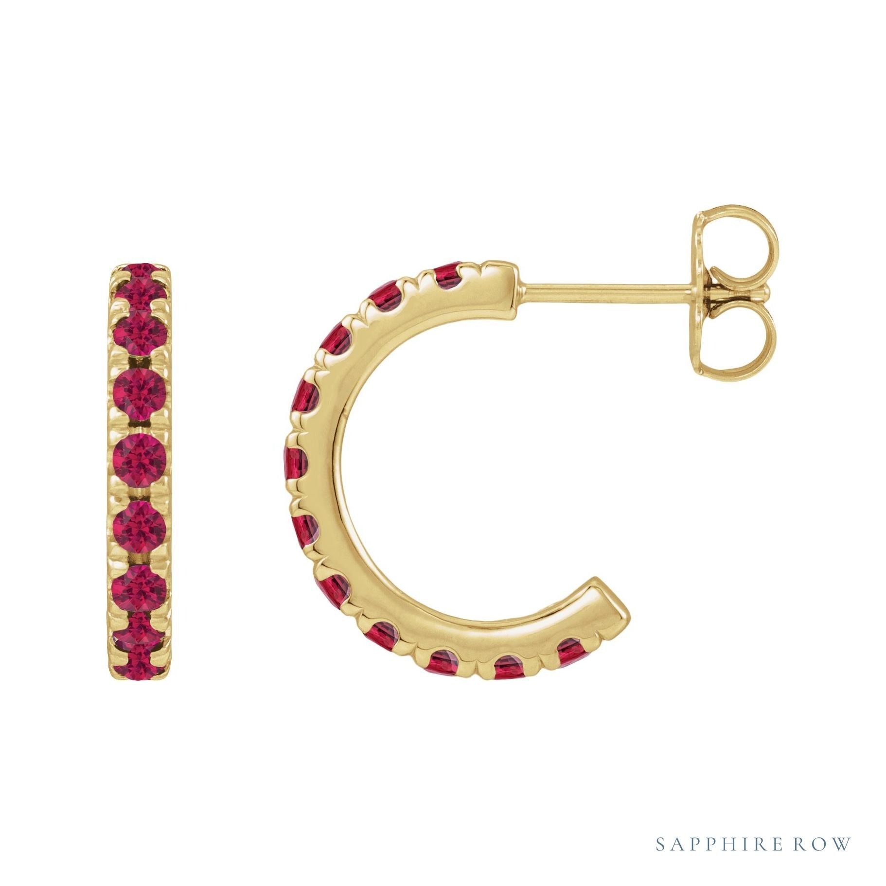 Sapphire Row Natural Gemstone Pavé Huggie Earrings - Ruby, 14K Yellow Gold
