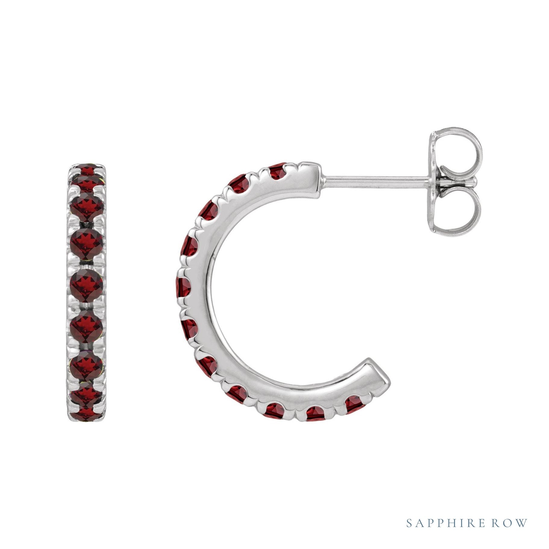 Sapphire Row Natural Gemstone Pavé Huggie Earrings - Mozambique Garnet, 14K White Gold