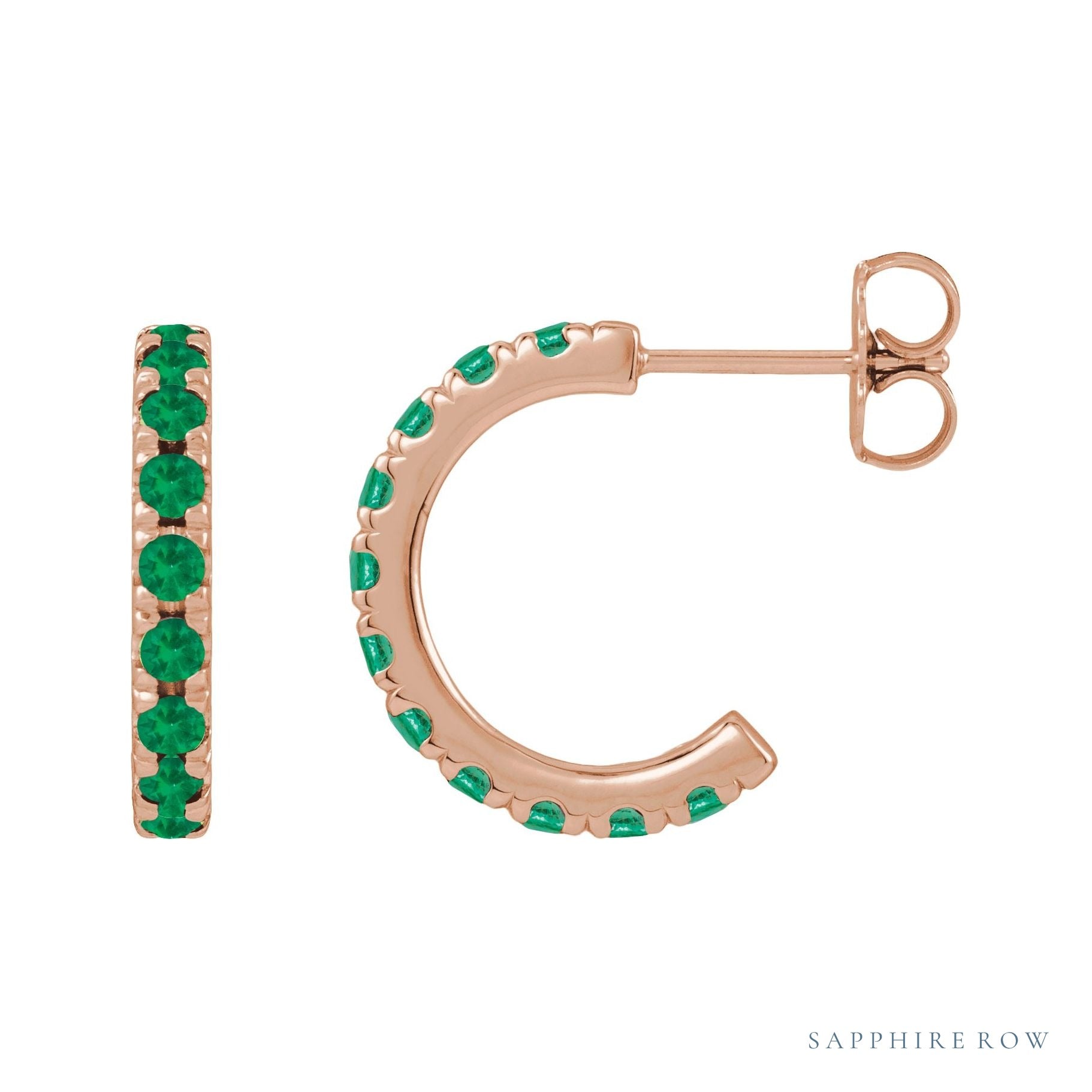 Sapphire Row Natural Gemstone Pavé Huggie Earrings - Emerald, 14K Rose Gold