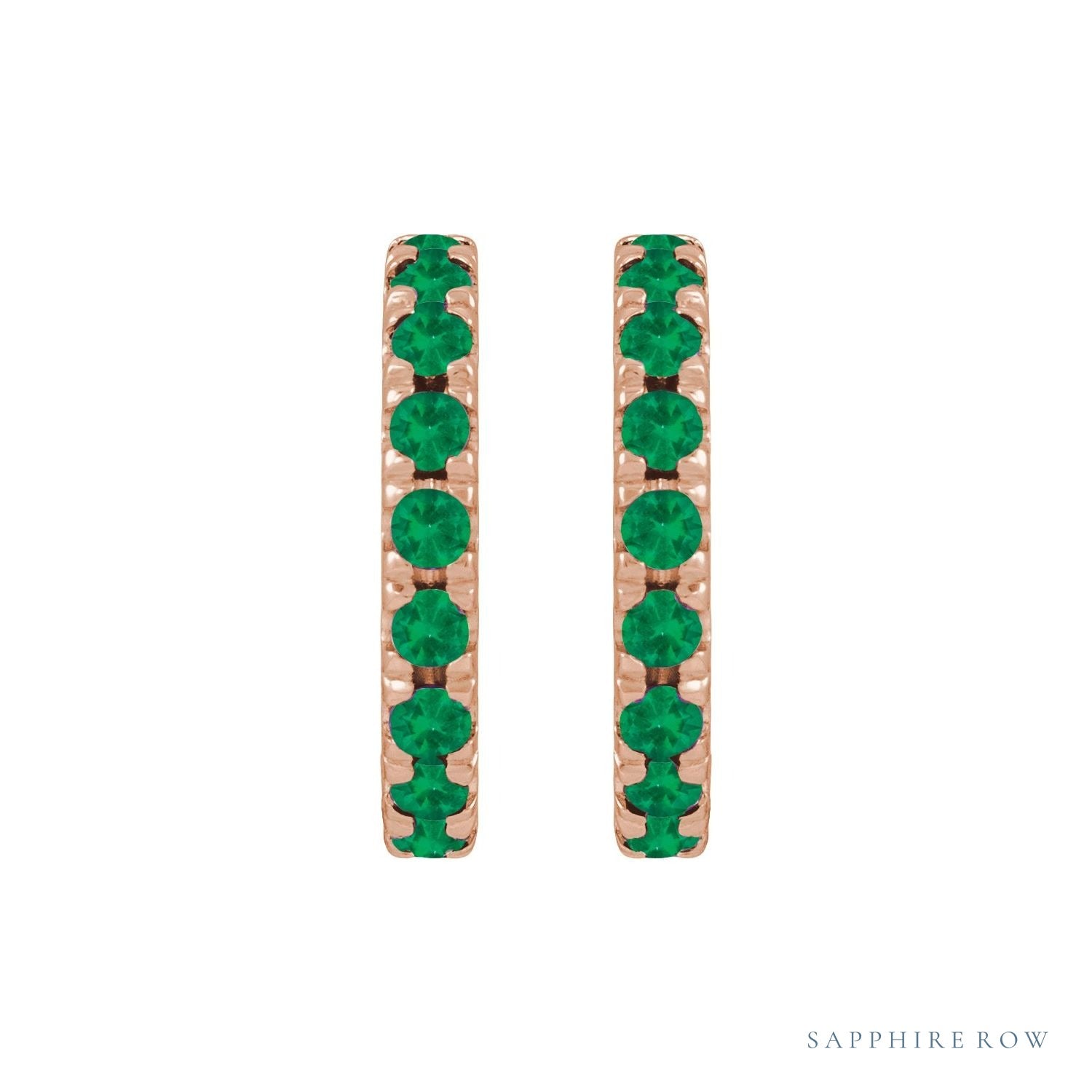 Sapphire Row Natural Gemstone Pavé Huggie Earrings - Emerald, 14K Rose Gold (view 2)