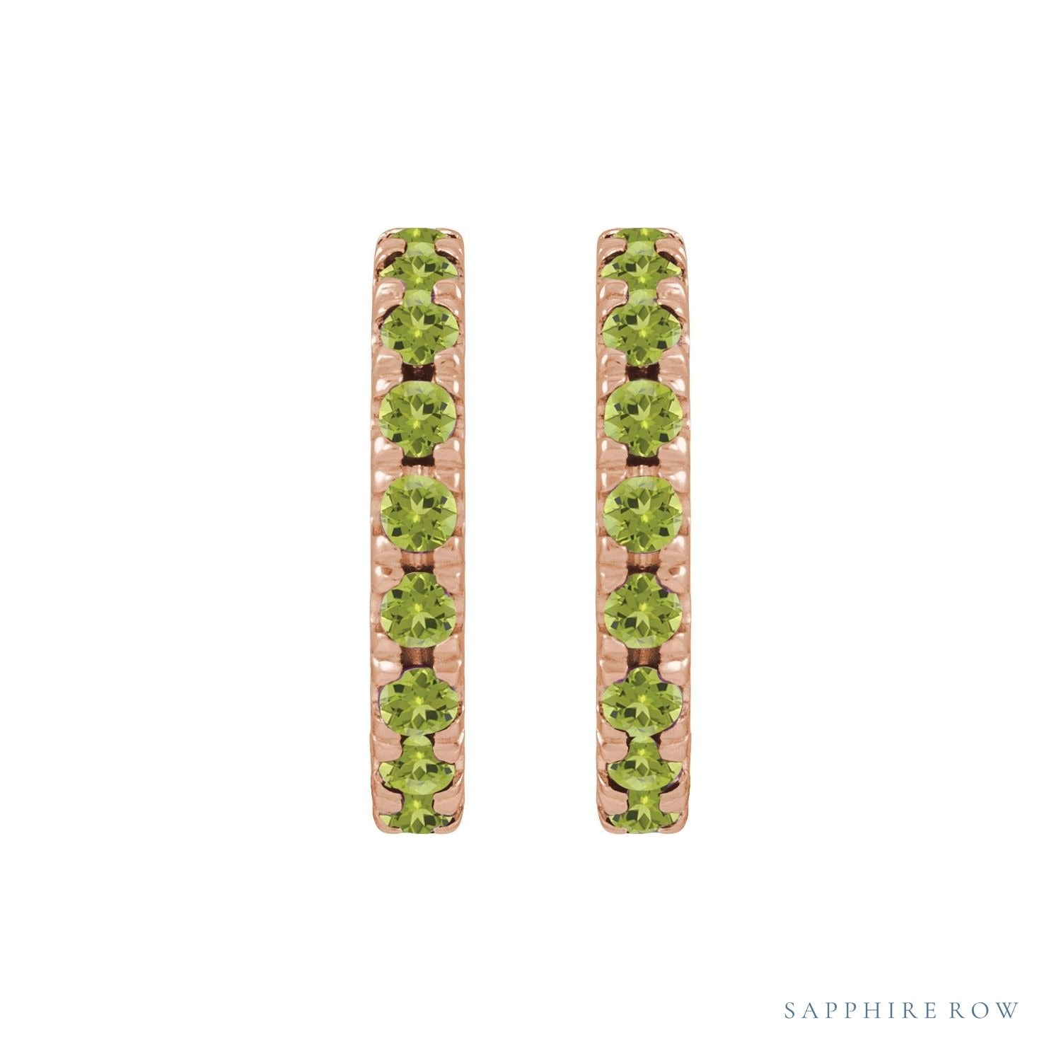 Sapphire Row Natural Gemstone Pavé Huggie Earrings - Peridot, 14K Rose Gold (view 2)