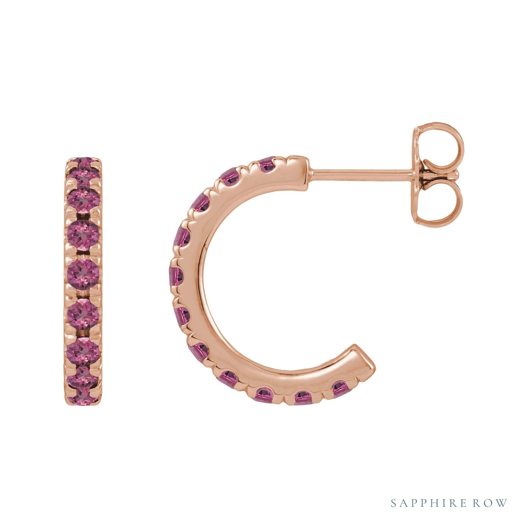 Sapphire Row Natural Gemstone Pavé Huggie Earrings - Pink Tourmaline, 14K Rose Gold