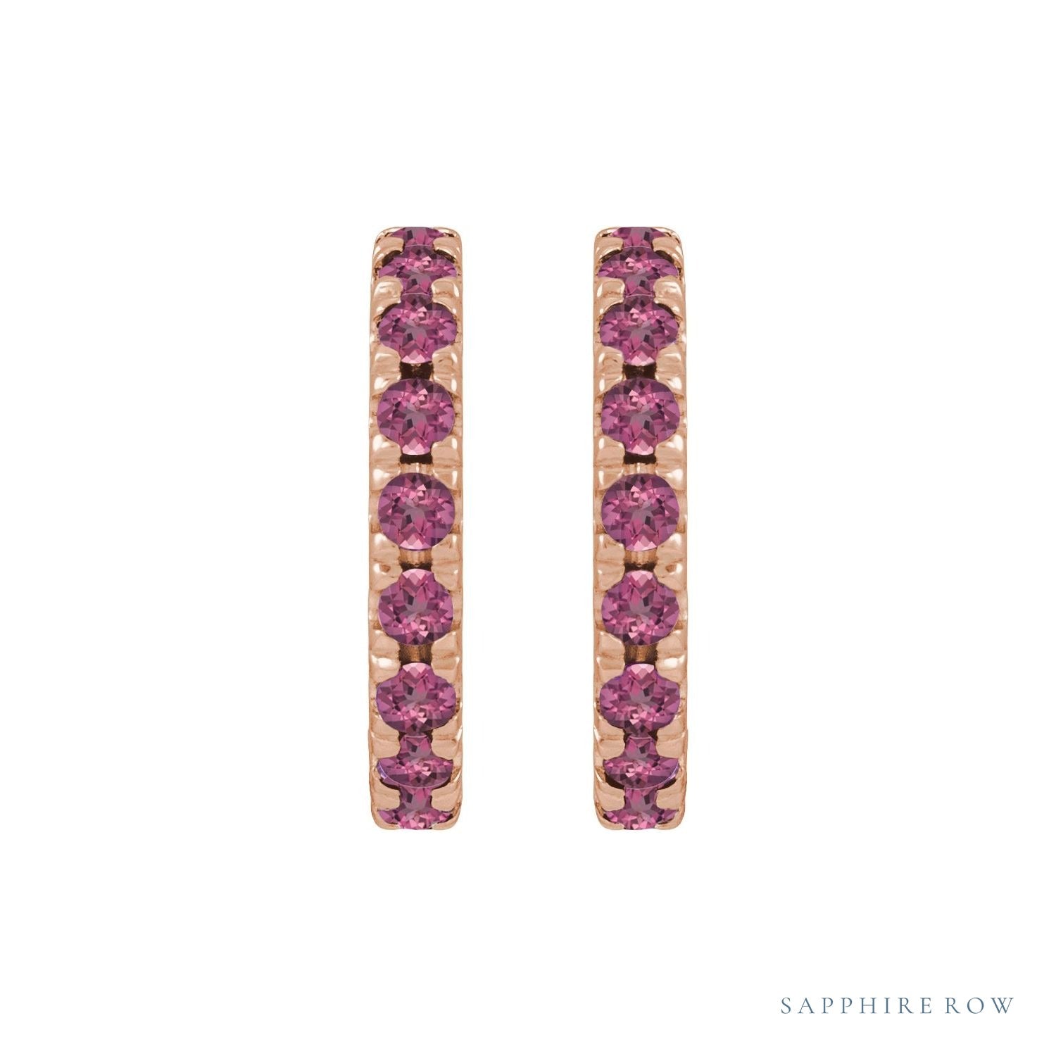 Sapphire Row Natural Gemstone Pavé Huggie Earrings - Pink Tourmaline, 14K Rose Gold (view 2)