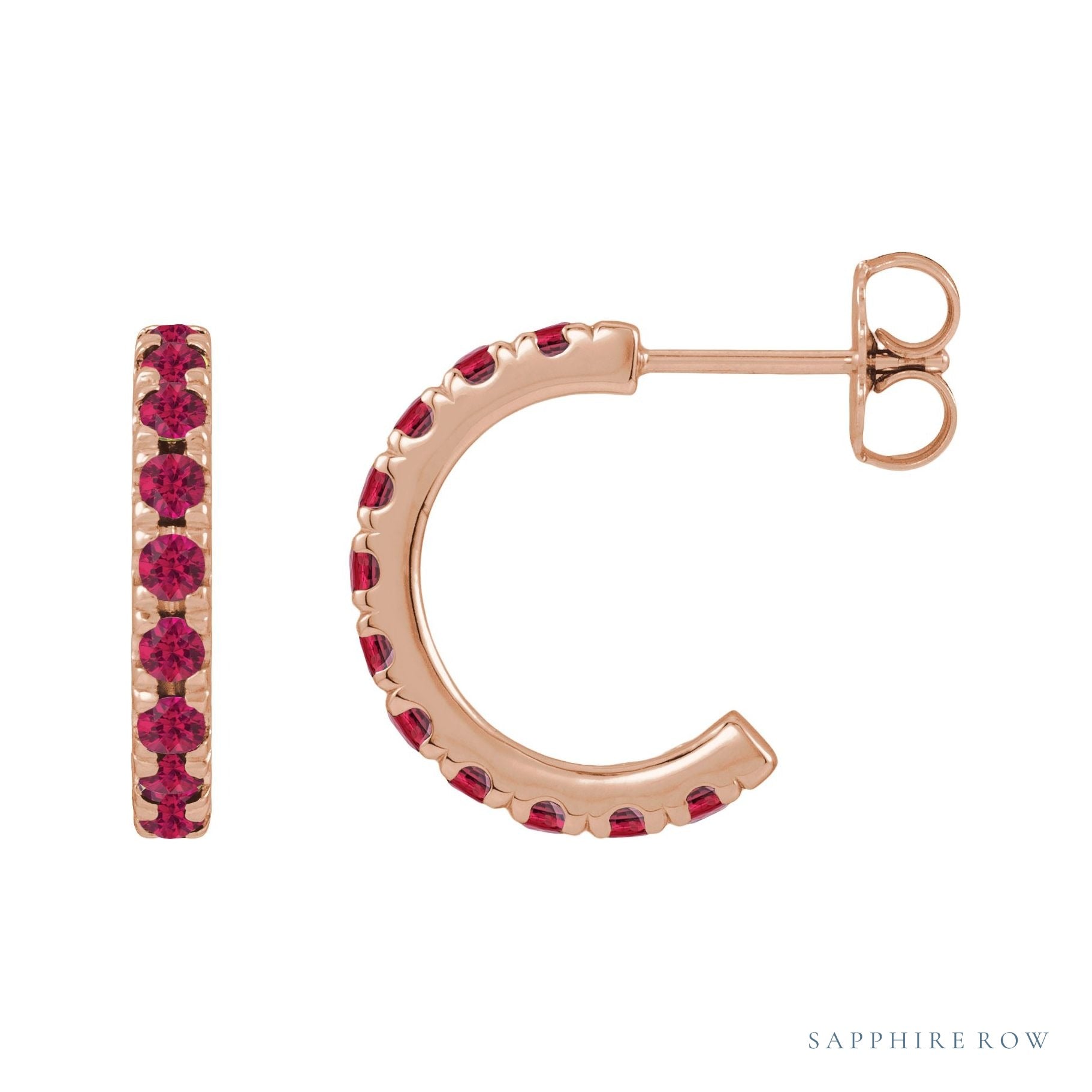 Sapphire Row Natural Gemstone Pavé Huggie Earrings - Ruby, 14K Rose Gold