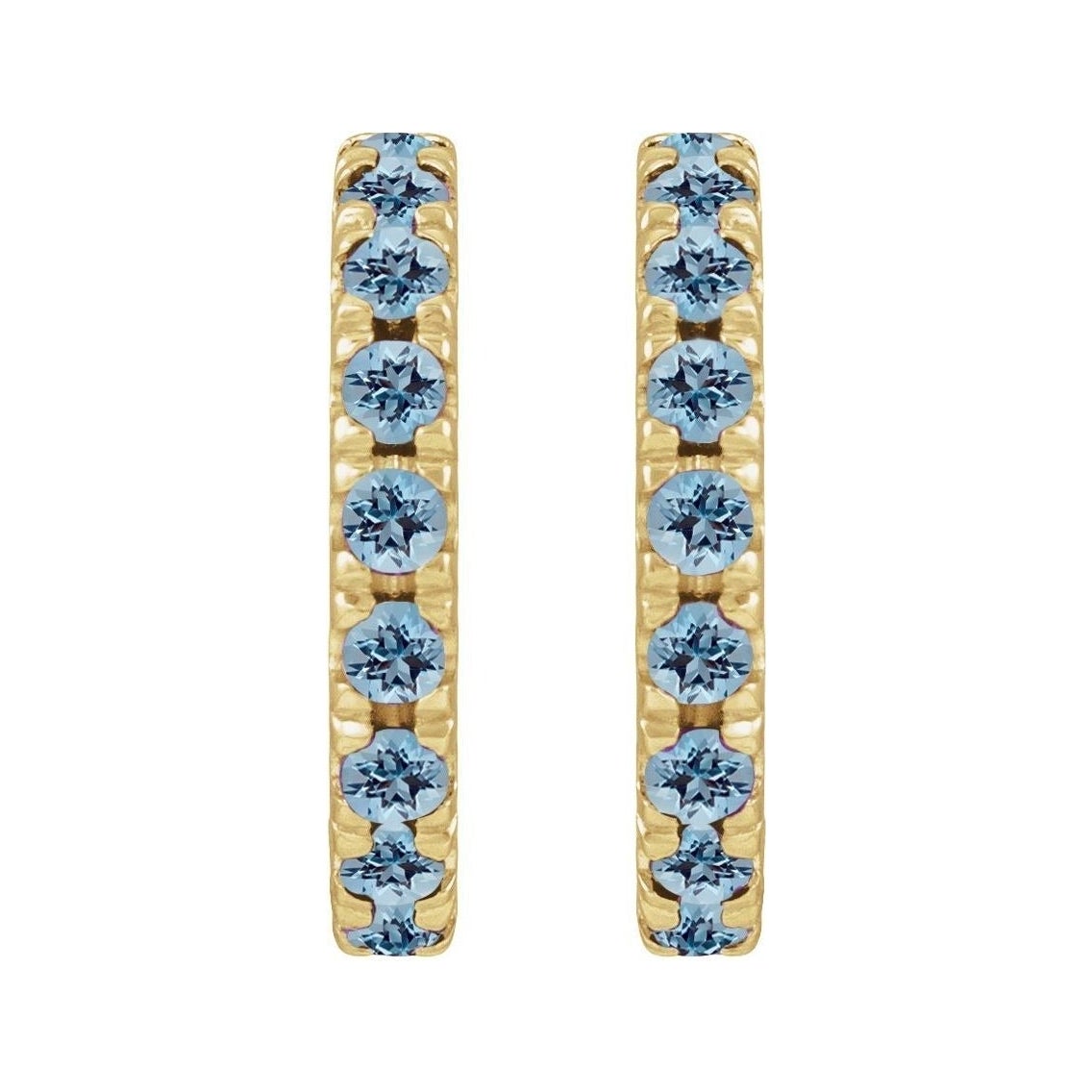 Sapphire Row Natural Gemstone Pavé Huggie Earrings - Aquamarine, 14K Yellow Gold (view 2)