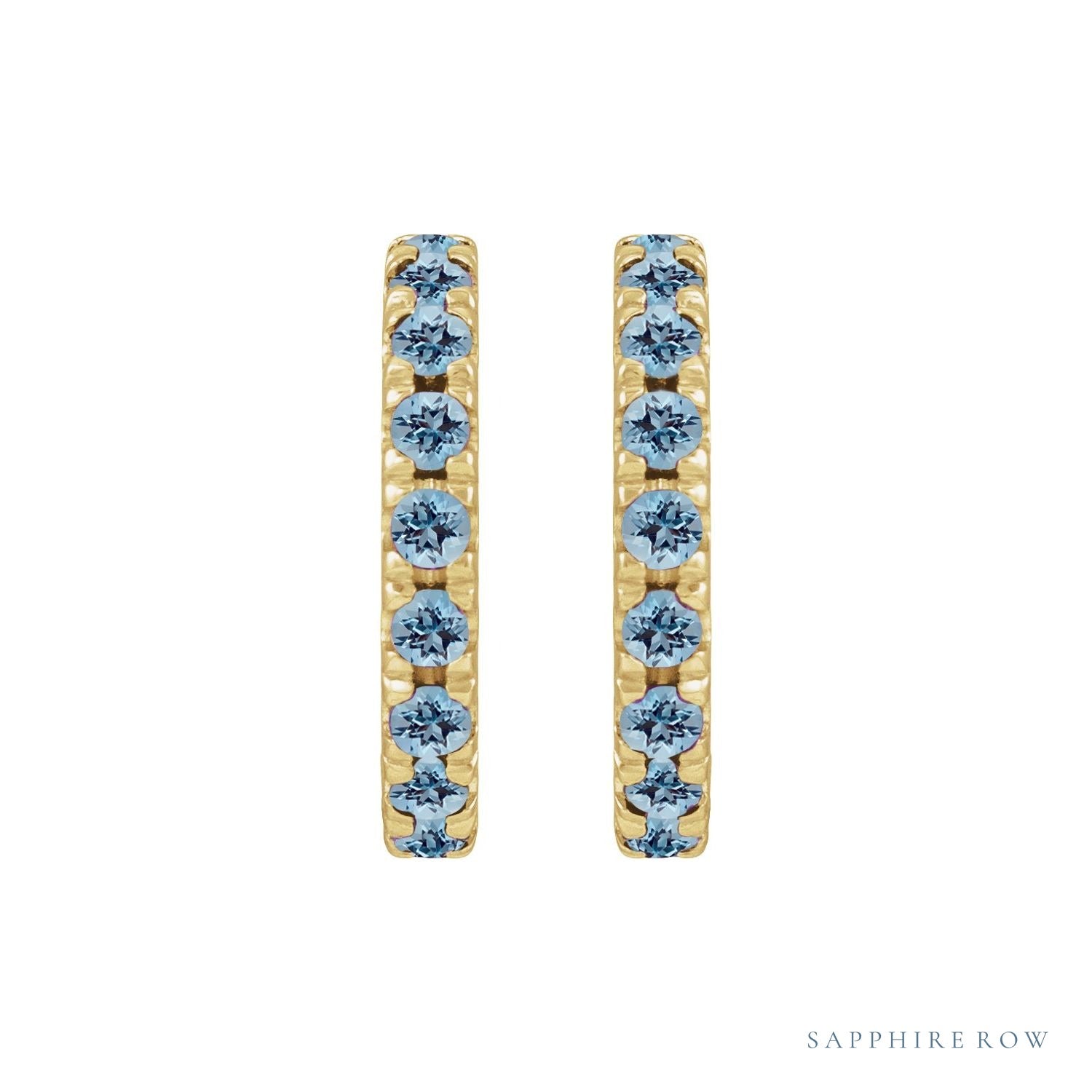 Sapphire Row Natural Gemstone Pavé Huggie Earrings - Aquamarine, 14K Yellow Gold (view 2)