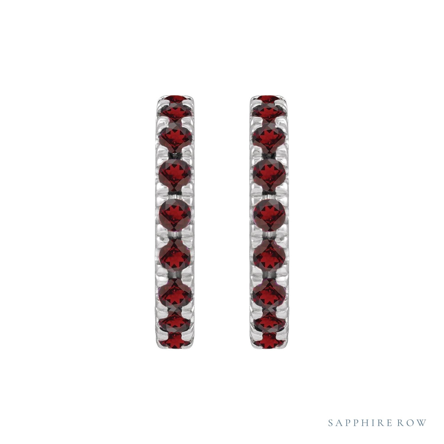 Sapphire Row Natural Gemstone Pavé Huggie Earrings - Mozambique Garnet, Platinum (view 2)