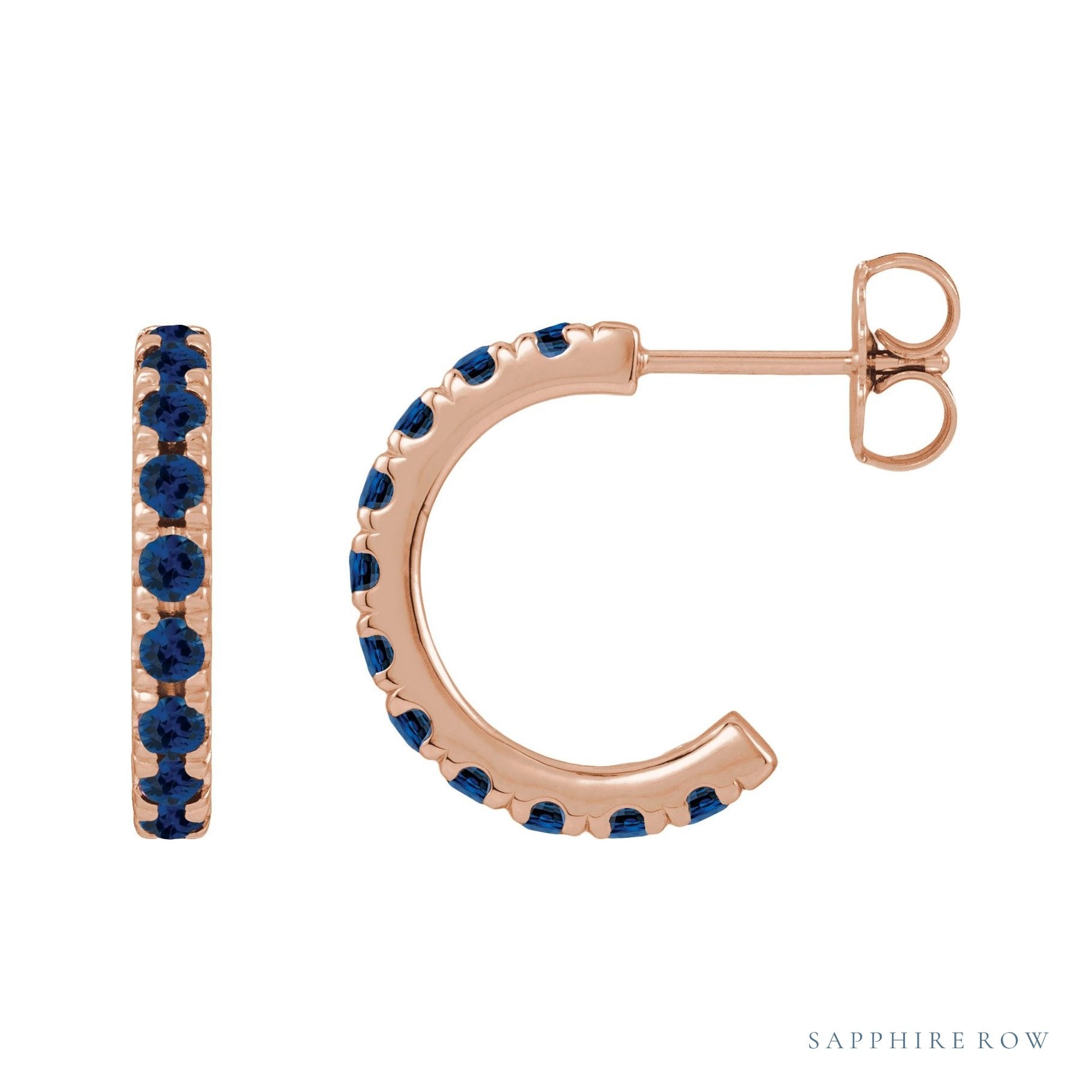 Sapphire Row Natural Gemstone Pavé Huggie Earrings - Blue Sapphire, 14K Rose Gold