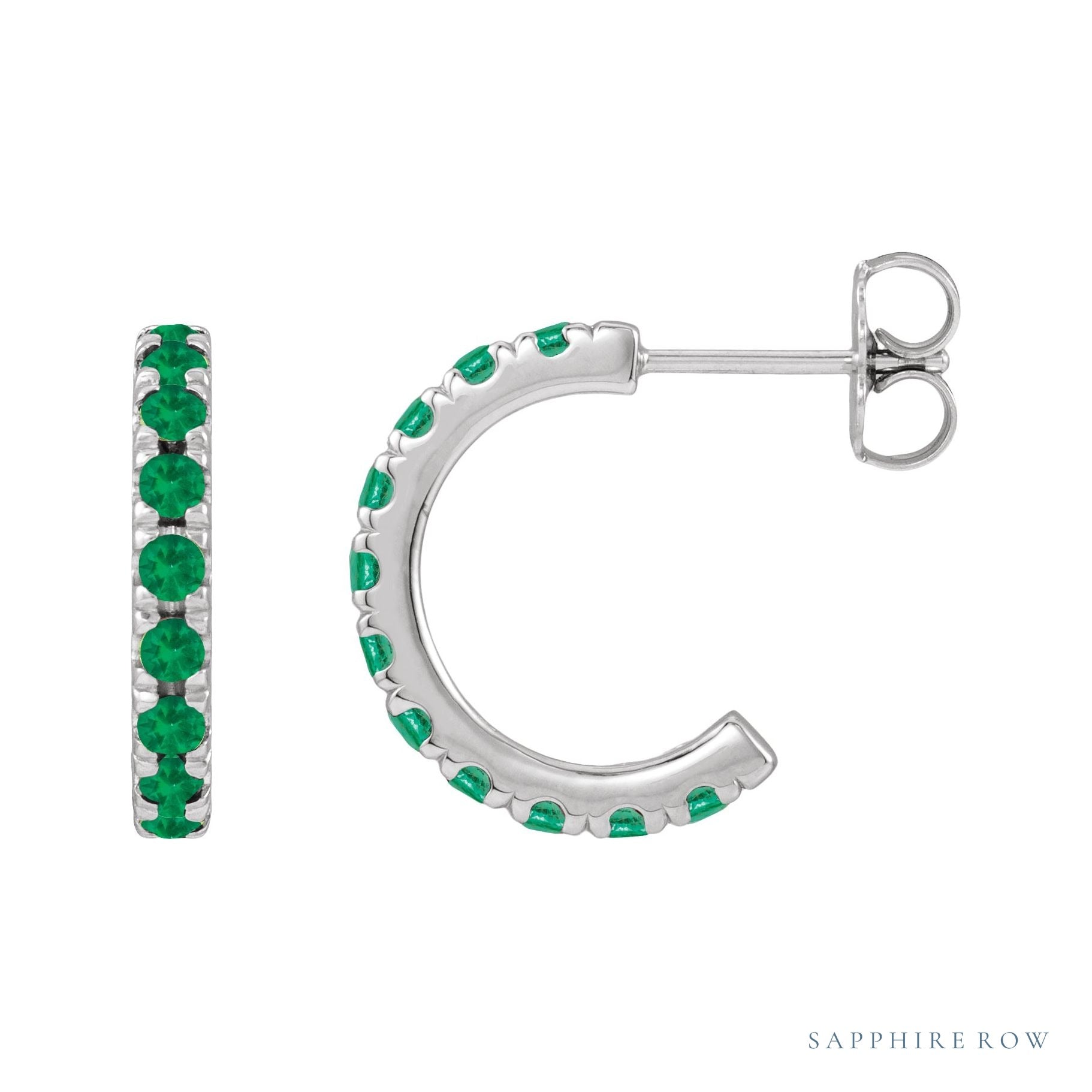 Sapphire Row Natural Gemstone Pavé Huggie Earrings - Emerald, 14K White Gold, 12 mm (view 2)