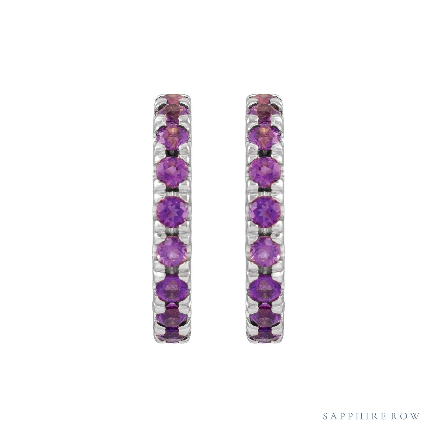 Sapphire Row Natural Gemstone Pavé Huggie Earrings - Amethyst, Platinum (view 2)