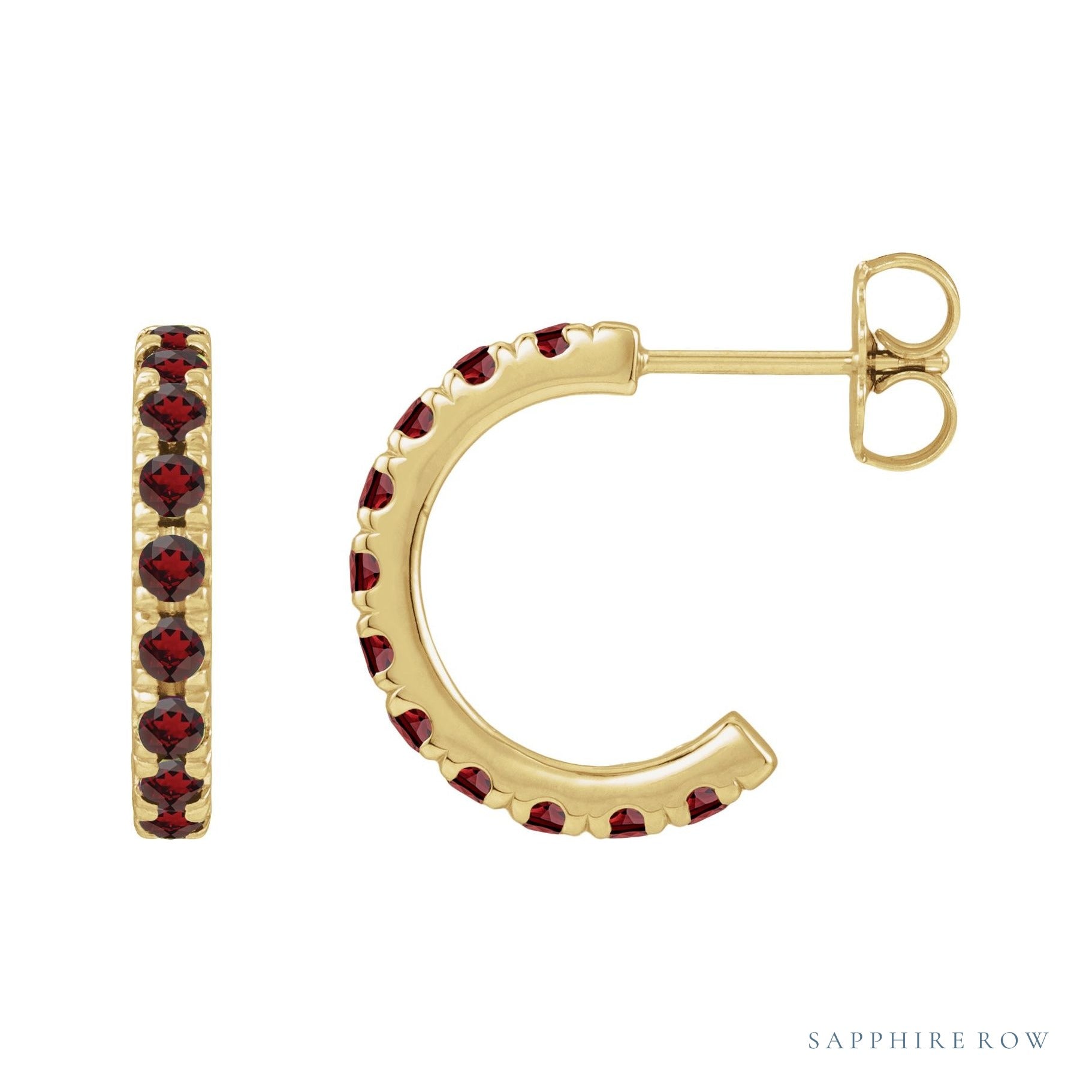 Sapphire Row Natural Gemstone Pavé Huggie Earrings - Mozambique Garnet, 14K Yellow Gold