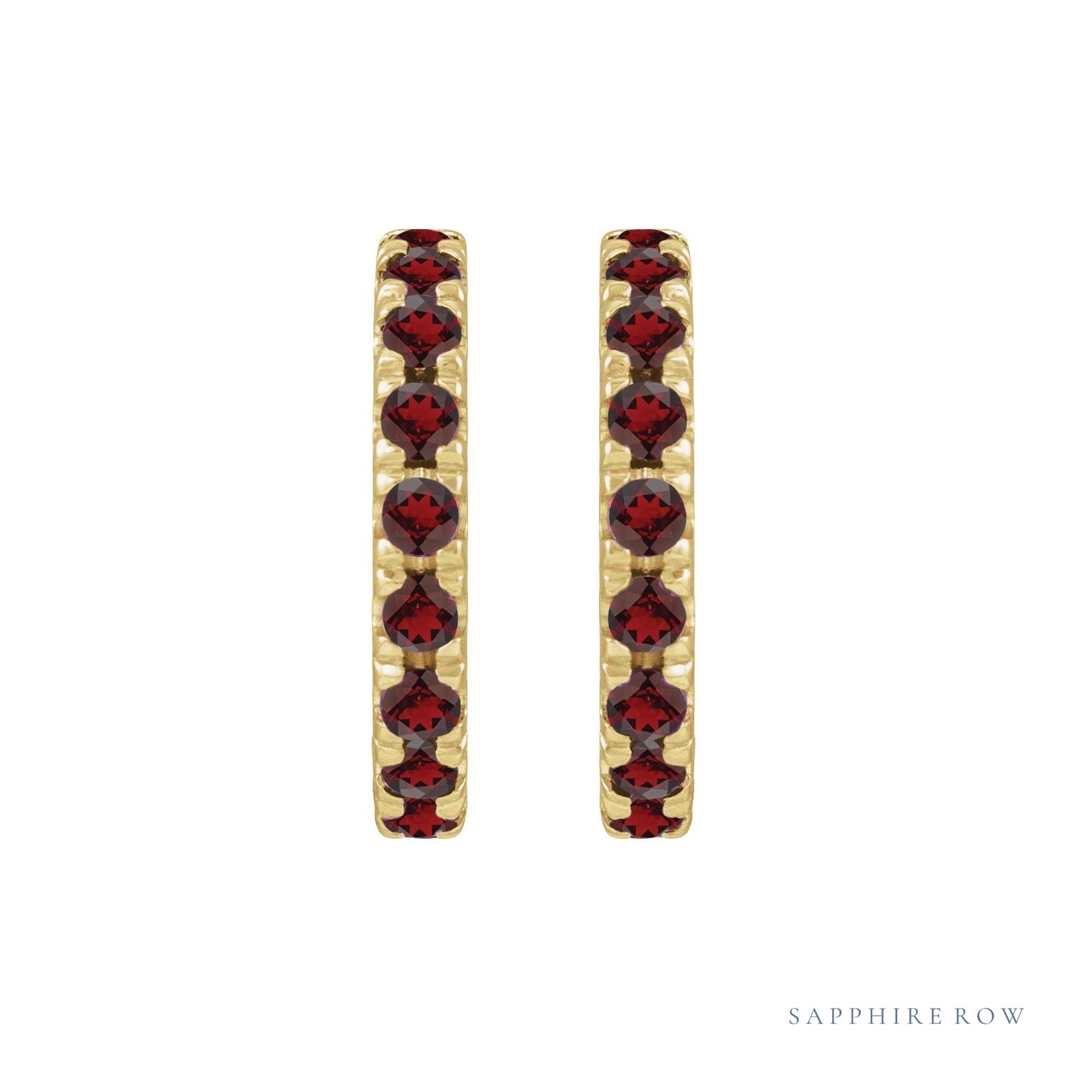 Sapphire Row Natural Gemstone Pavé Huggie Earrings - Mozambique Garnet, 14K Yellow Gold (view 2)