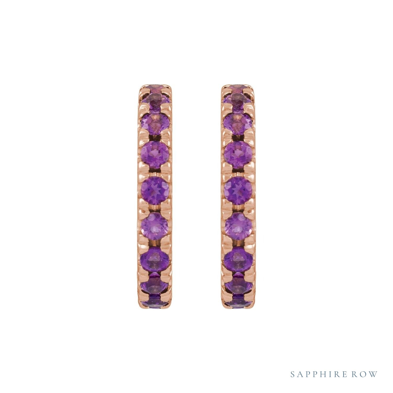 Sapphire Row Natural Gemstone Pavé Huggie Earrings - Amethyst, 14K Rose Gold (view 2)