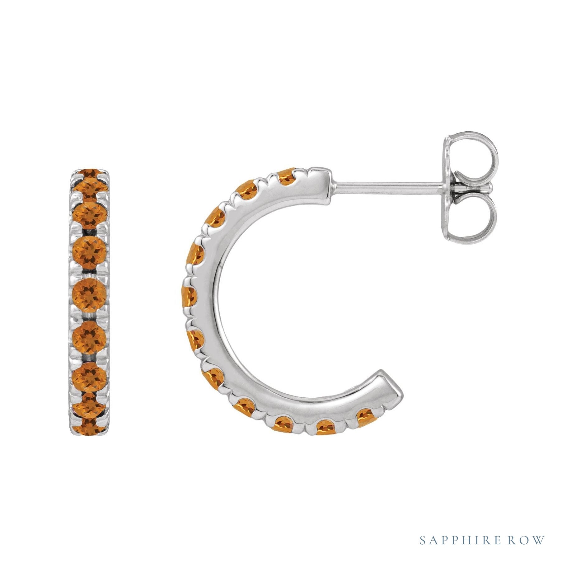 Sapphire Row Natural Gemstone Pavé Huggie Earrings - Citrine, 14K White Gold