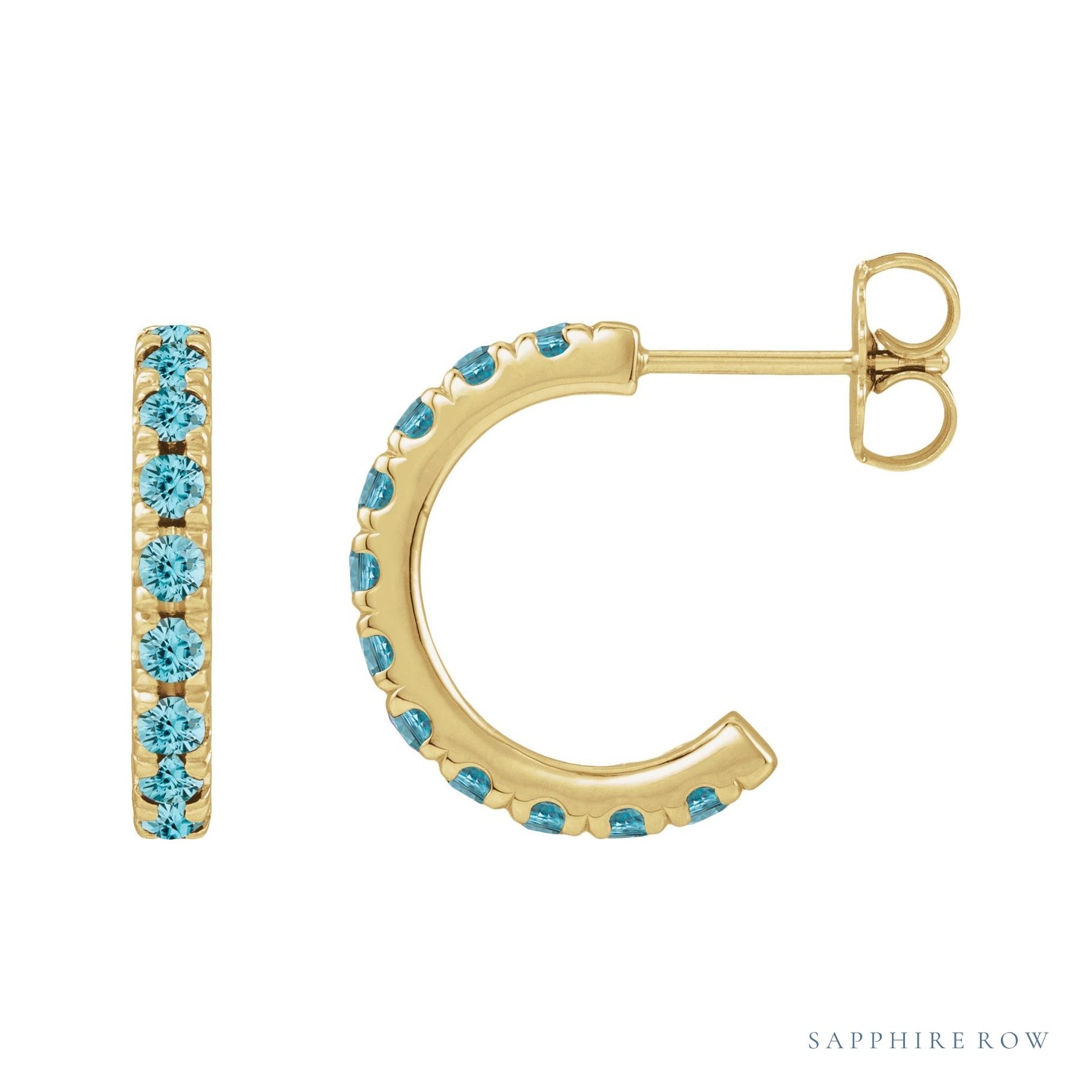 Sapphire Row Natural Gemstone Pavé Huggie Earrings - Zircon, 14K Yellow Gold