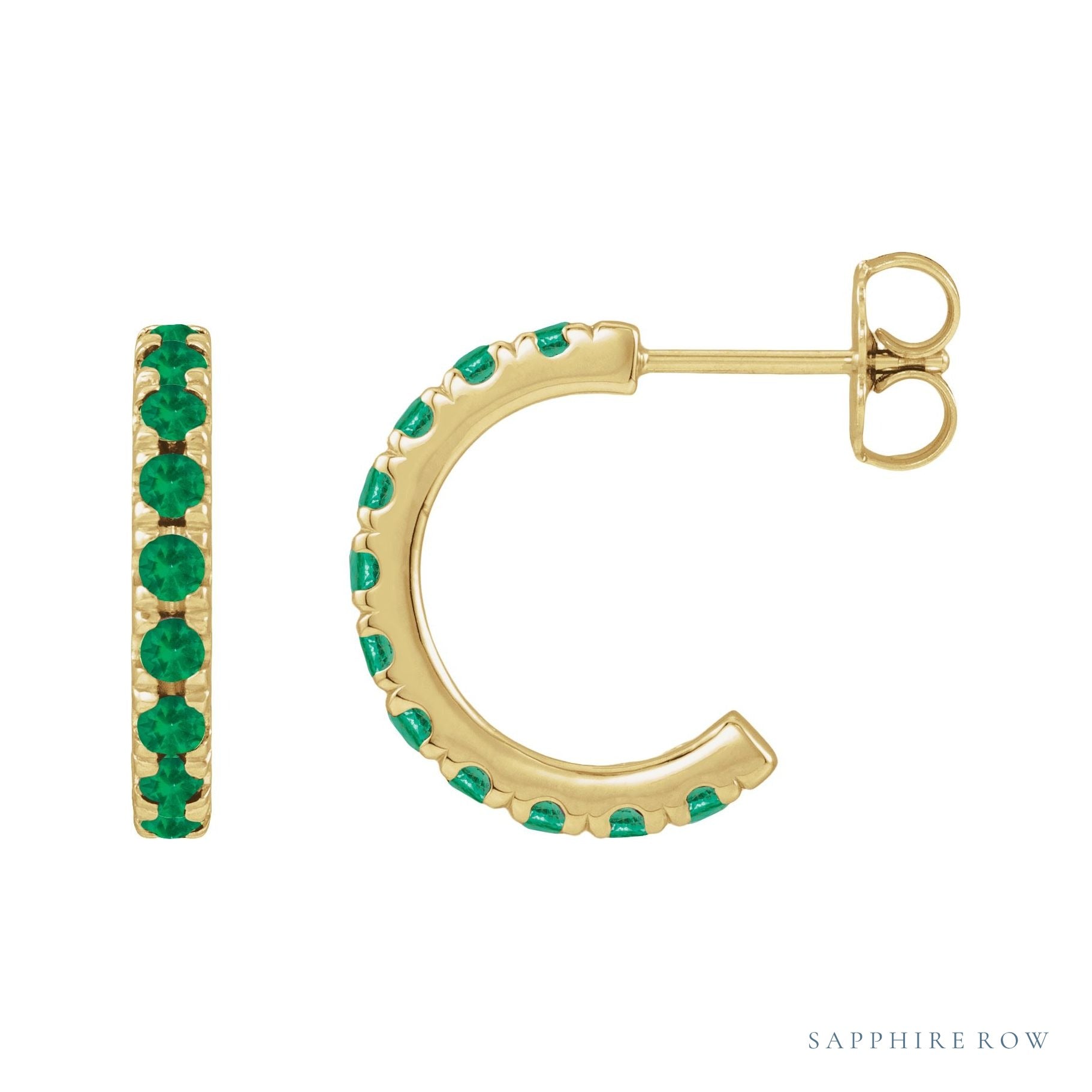 Sapphire Row Lab-Grown Gemstone Pavé Huggie Earrings - Emerald, 14K Yellow Gold