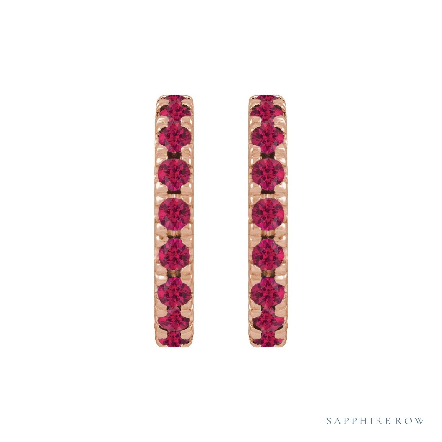 Sapphire Row Lab-Grown Gemstone Pavé Huggie Earrings - Ruby, 14K Rose Gold (view 2)