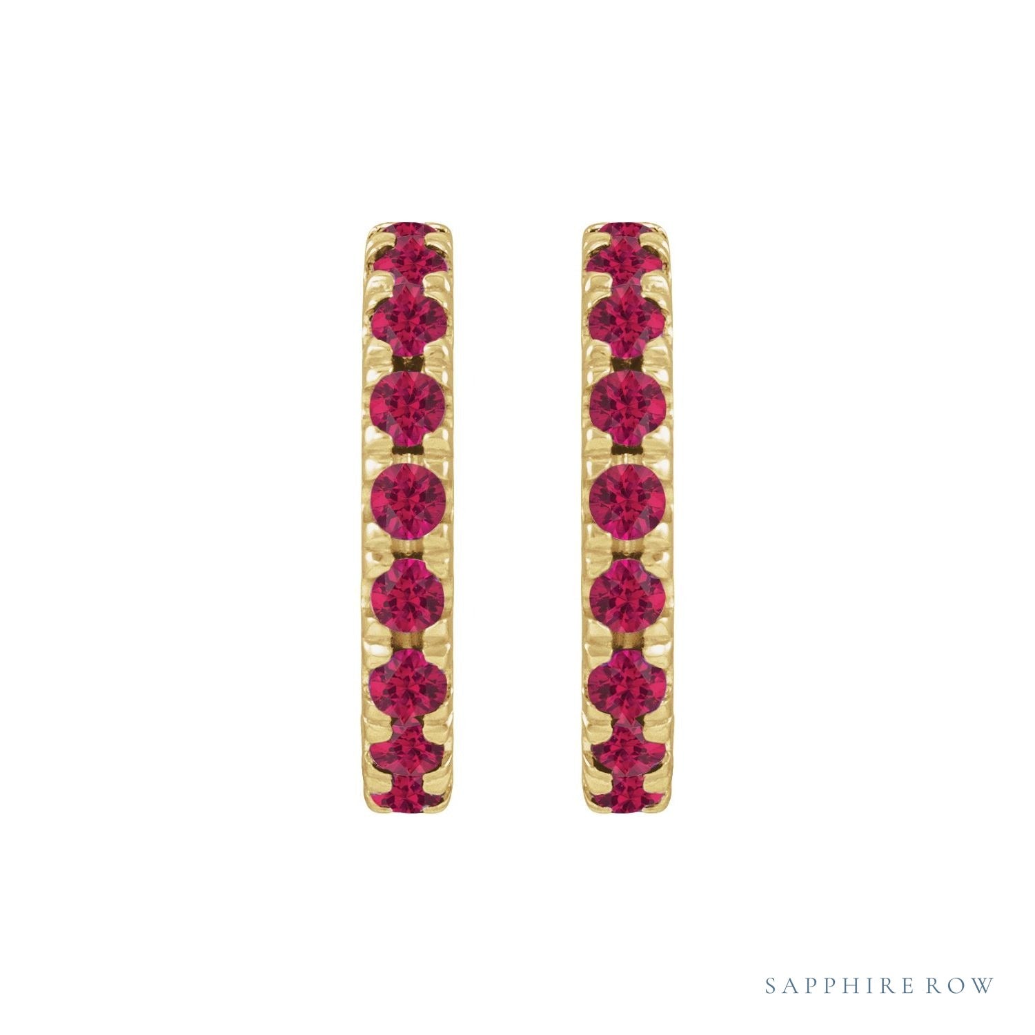 Sapphire Row Lab-Grown Gemstone Pavé Huggie Earrings - Ruby, 14K Yellow Gold, 12 mm (view 2)