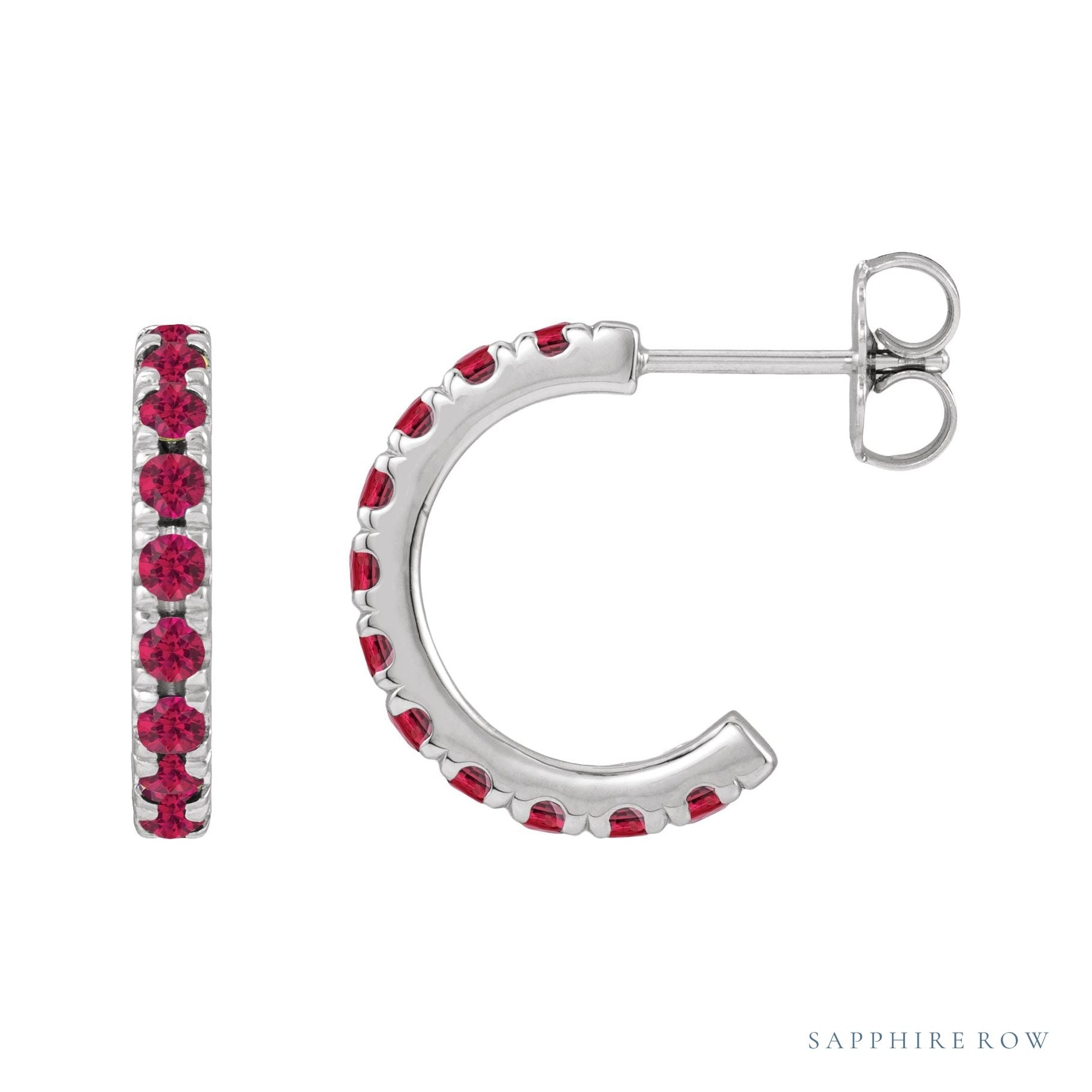 Sapphire Row Lab-Grown Gemstone Pavé Huggie Earrings - Ruby, Platinum