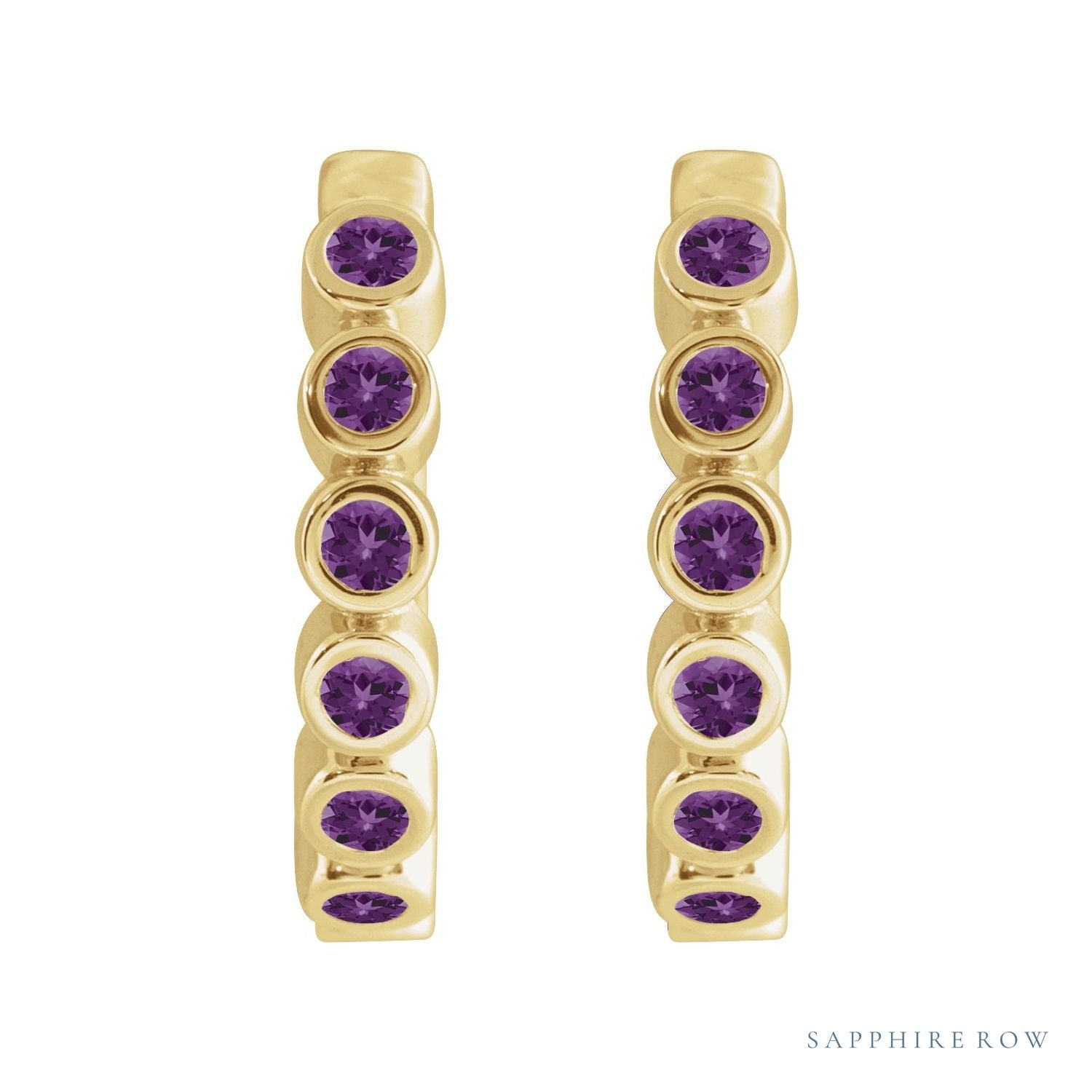 Sapphire Row Natural Gemstone Bezel Huggie Earrings - Amethyst, 14K Yellow Gold, 15 mm (view 2)