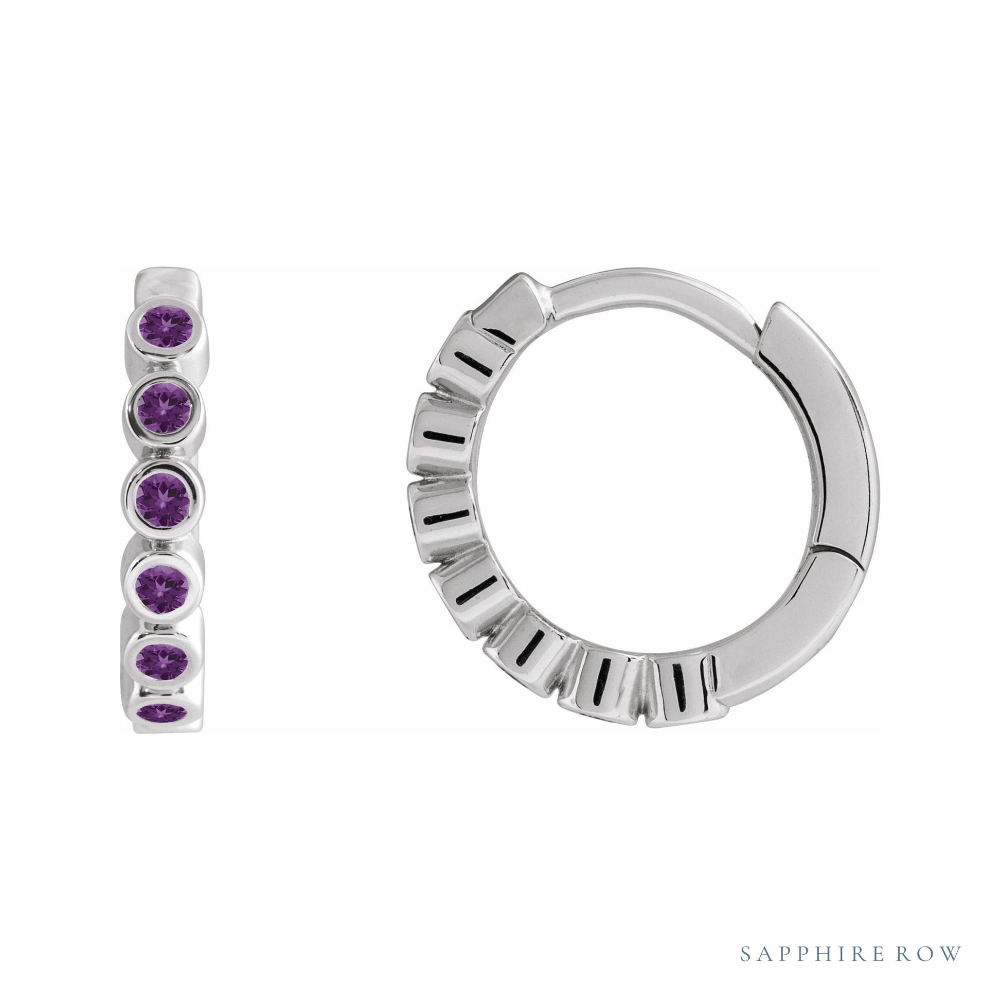 Sapphire Row Natural Gemstone Bezel Huggie Earrings - Amethyst, Platinum, 15 mm