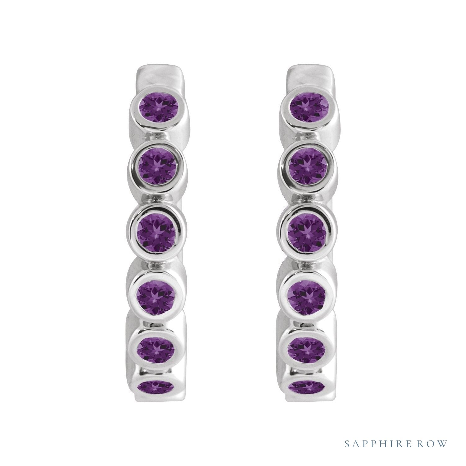 Sapphire Row Natural Gemstone Bezel Huggie Earrings - Amethyst, Platinum, 15 mm (view 2)