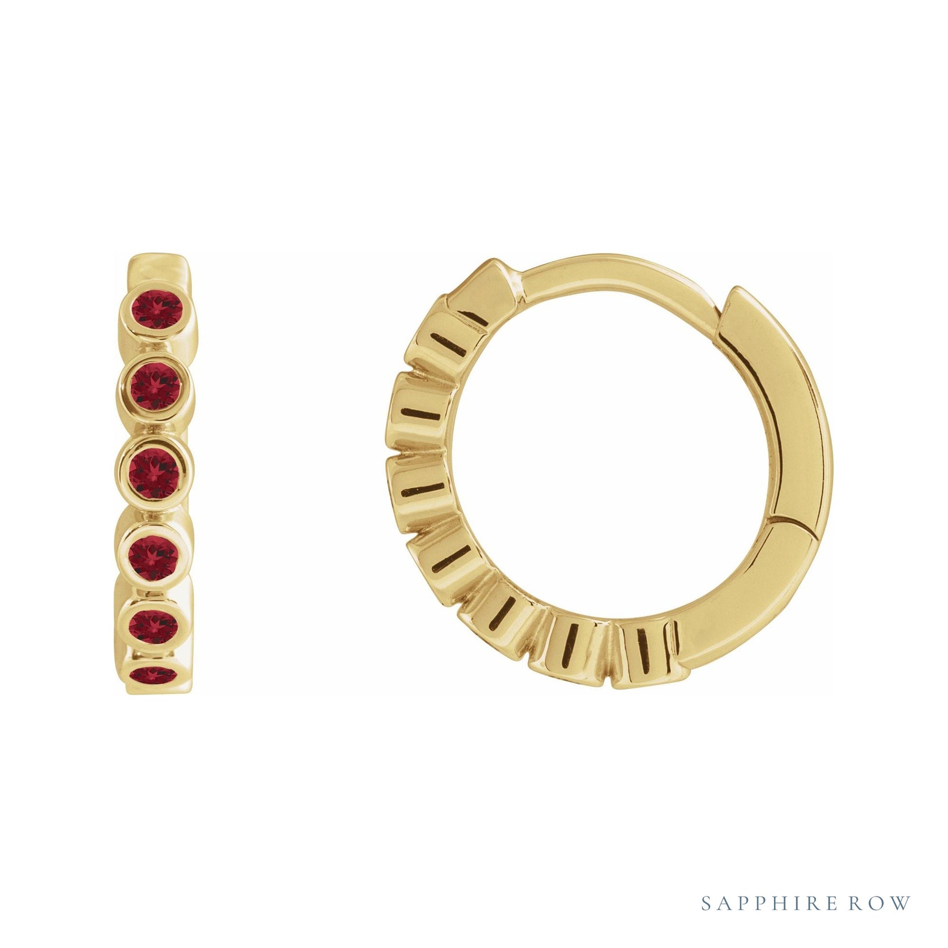 Sapphire Row Natural Gemstone Bezel Huggie Earrings - Mozambique Garnet, 14K Yellow Gold, 15 mm
