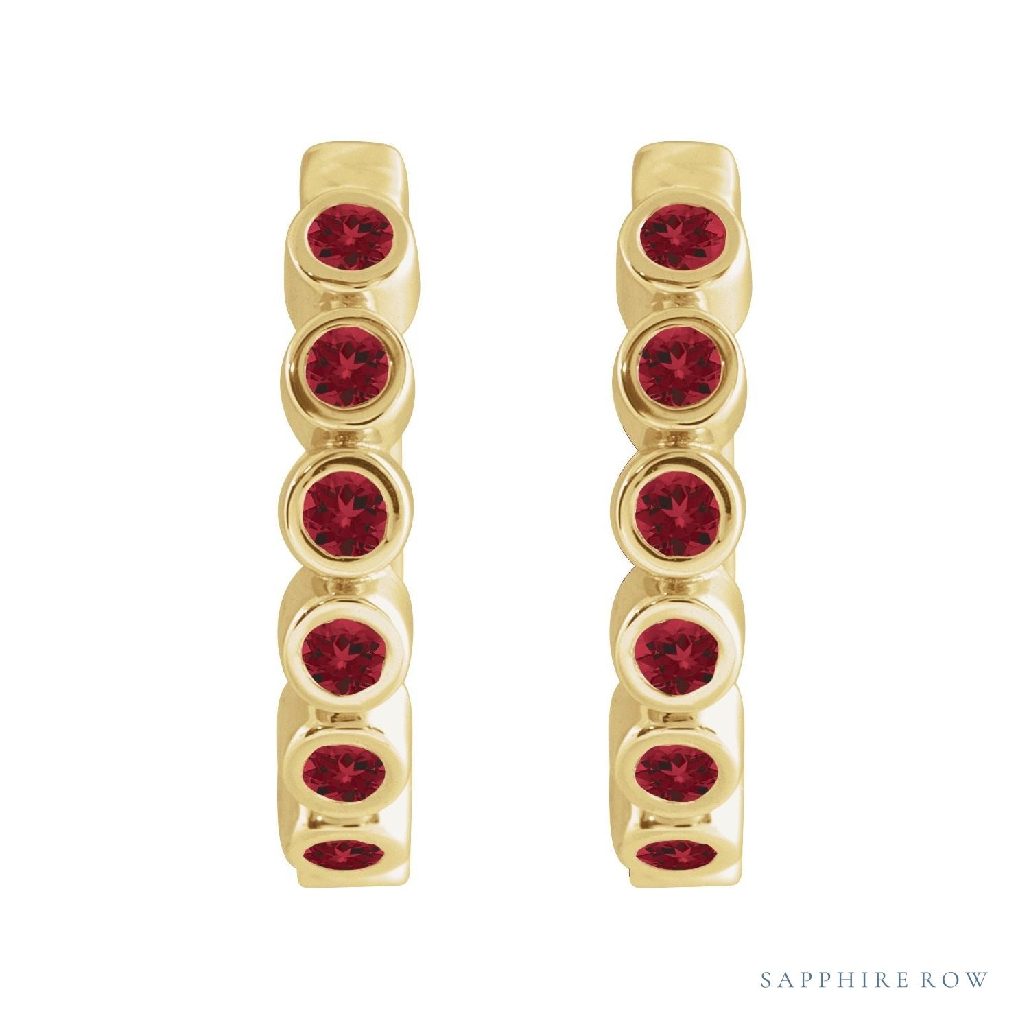 Sapphire Row Natural Gemstone Bezel Huggie Earrings - Mozambique Garnet, 14K Yellow Gold, 15 mm (view 2)