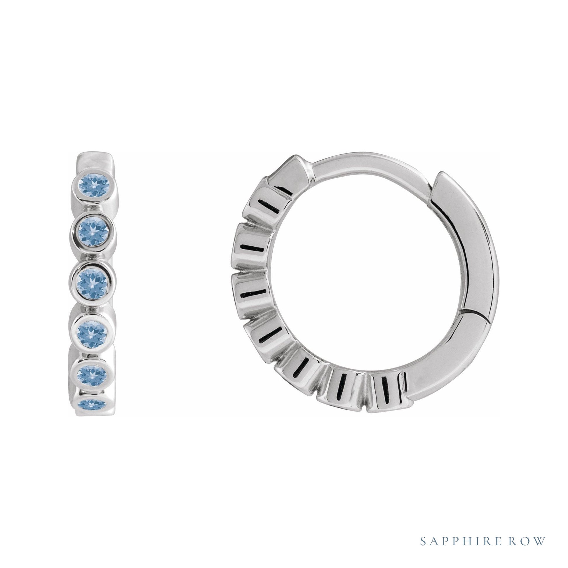 Sapphire Row Natural Gemstone Bezel Huggie Earrings - Aquamarine, 14K White Gold, 15 mm