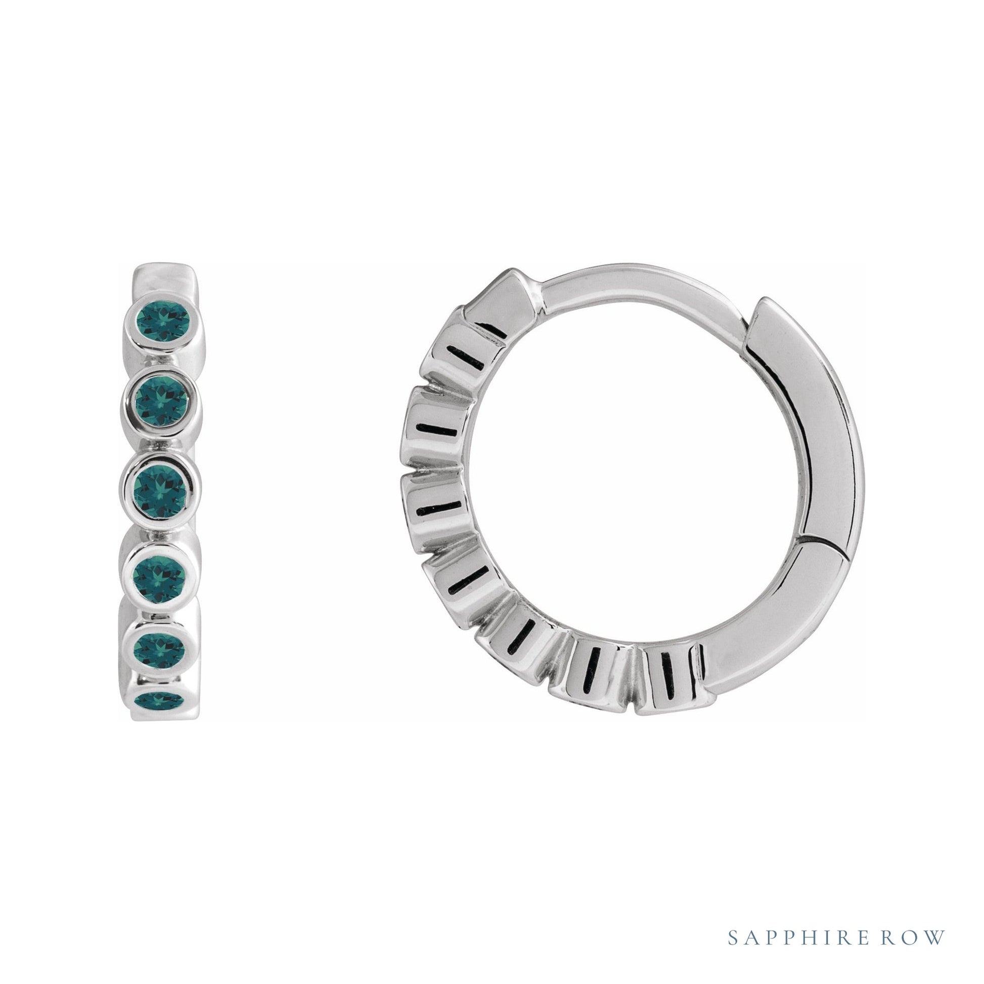 Sapphire Row Natural Gemstone Bezel Huggie Earrings - Alexandrite, 14K White Gold, 15 mm