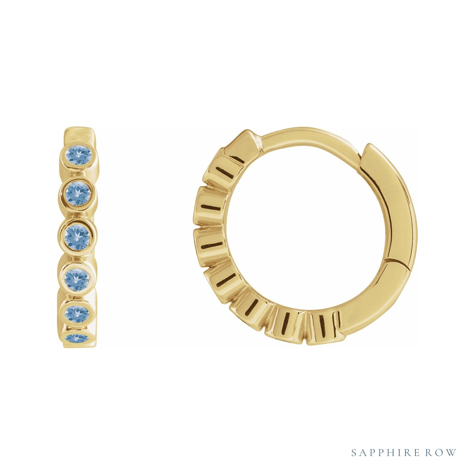 Sapphire Row Natural Gemstone Bezel Huggie Earrings - Aquamarine, 14K Yellow Gold, 15 mm