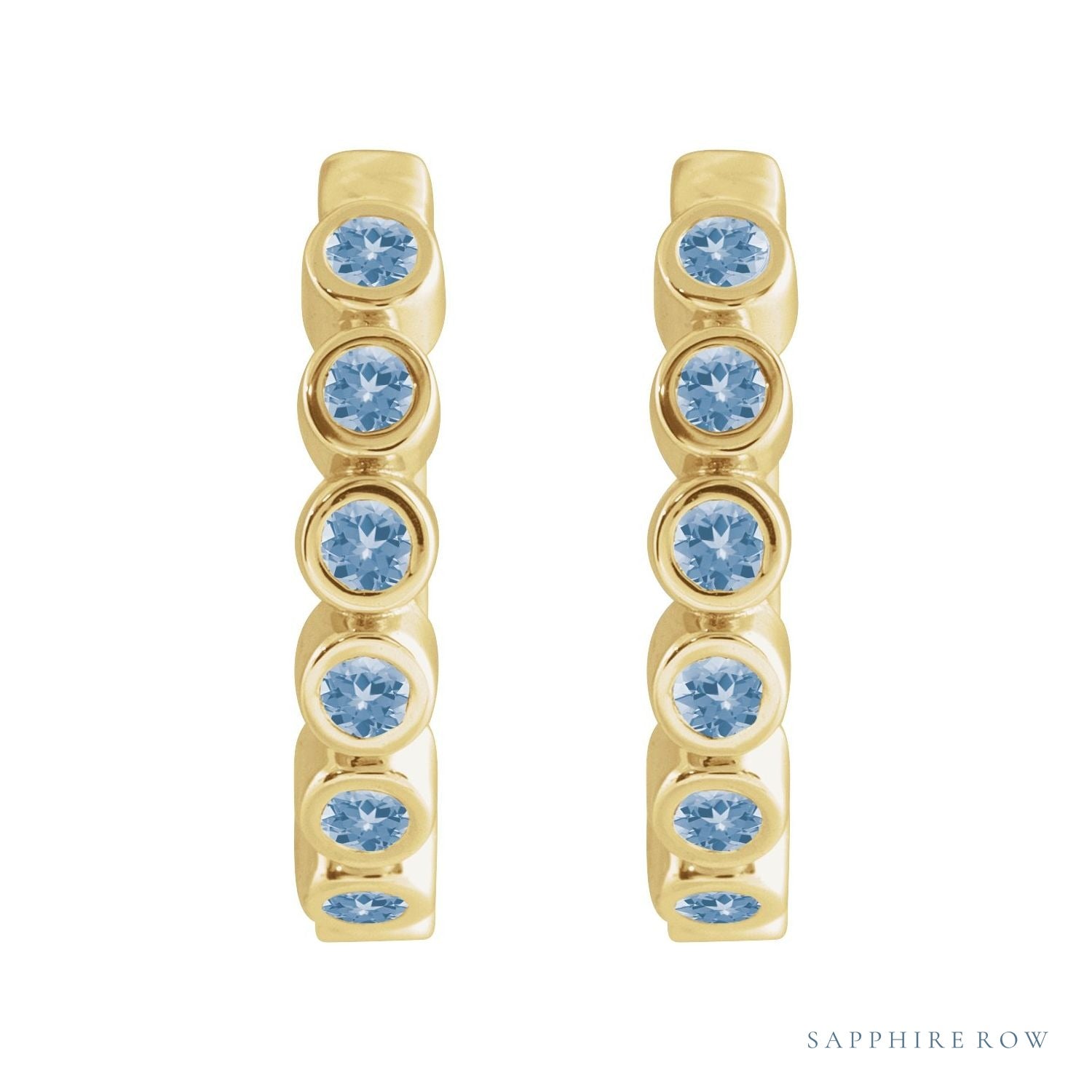 Sapphire Row Natural Gemstone Bezel Huggie Earrings - Aquamarine, 14K Yellow Gold, 15 mm (view 2)