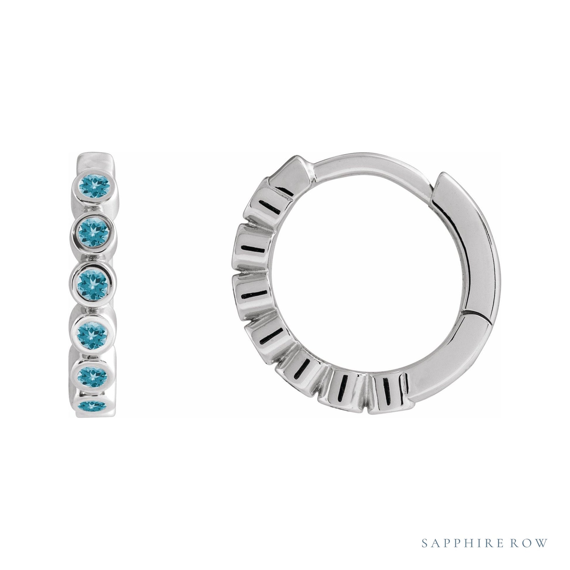 Sapphire Row Natural Gemstone Bezel Huggie Earrings - Blue Zircon, 14K White Gold, 15 mm