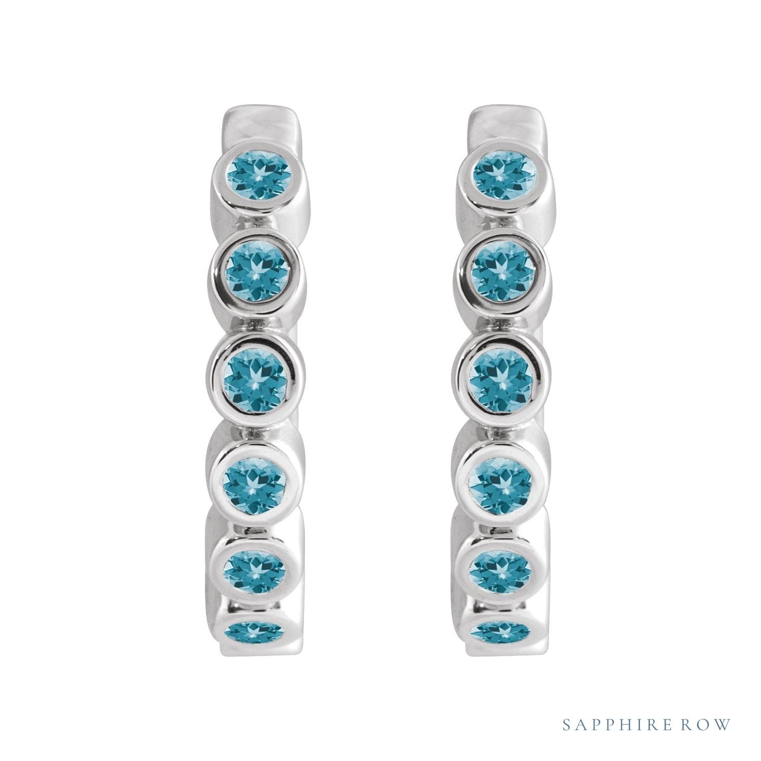 Sapphire Row Natural Gemstone Bezel Huggie Earrings - Blue Zircon, 14K White Gold, 15 mm (view 2)