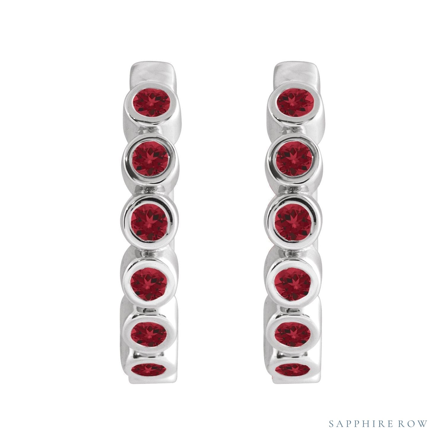 Sapphire Row Natural Gemstone Bezel Huggie Earrings - Mozambique Garnet, Platinum, 15 mm (view 2)