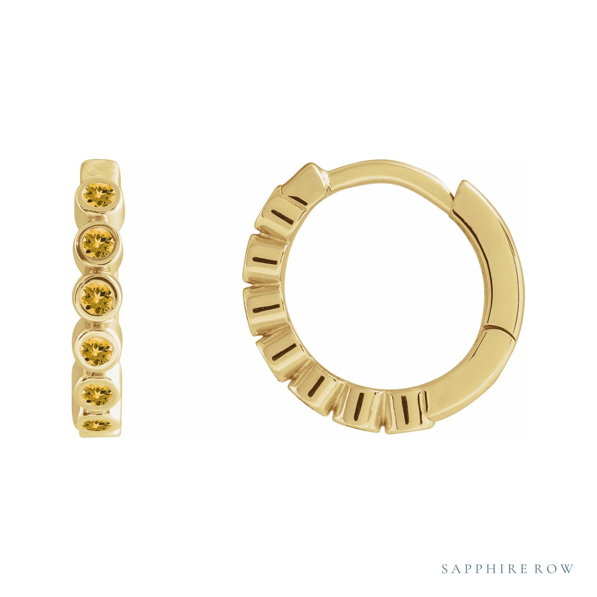 Sapphire Row Natural Gemstone Bezel Huggie Earrings - Citrine, 14K Yellow Gold, 15 mm