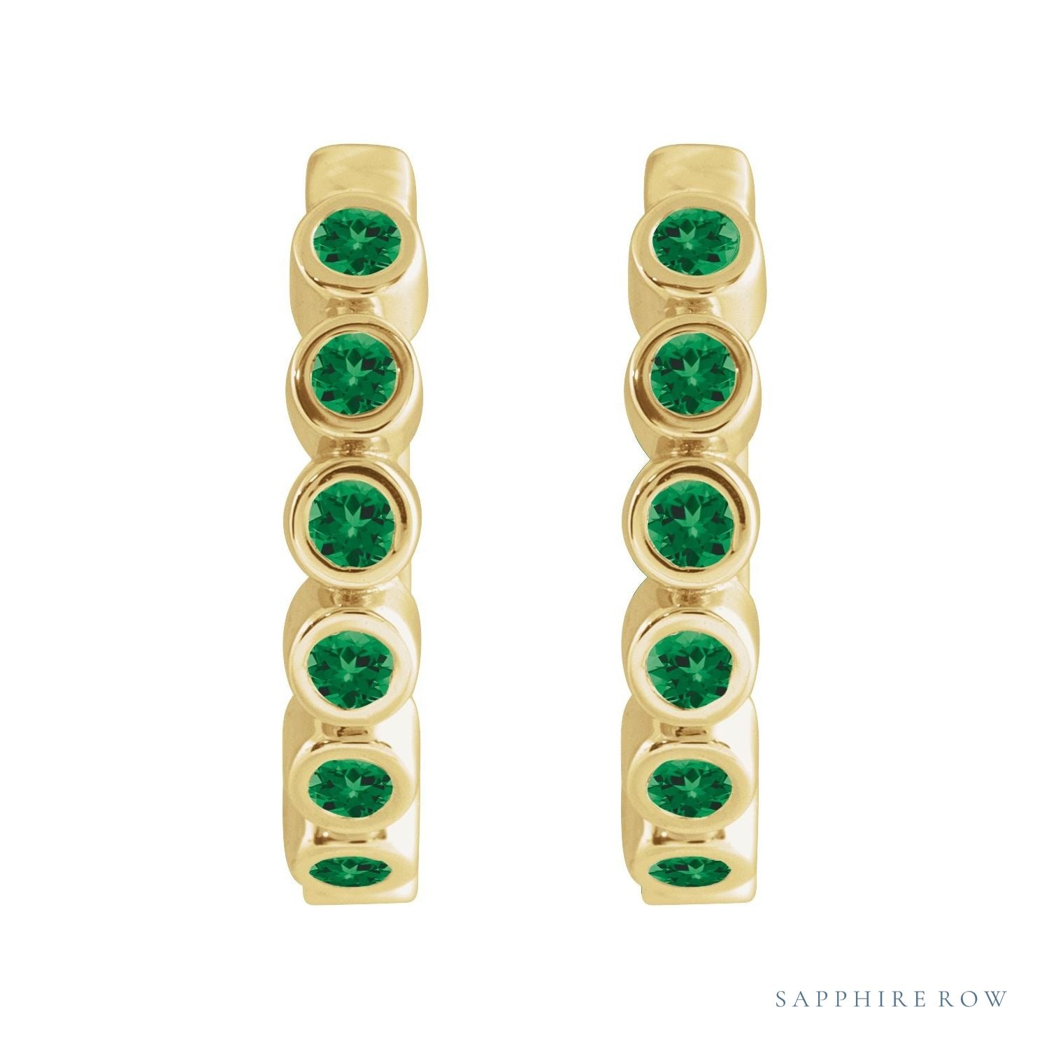 Sapphire Row Natural Gemstone Bezel Huggie Earrings - Emerald, 14K Yellow Gold, 15 mm (view 2)