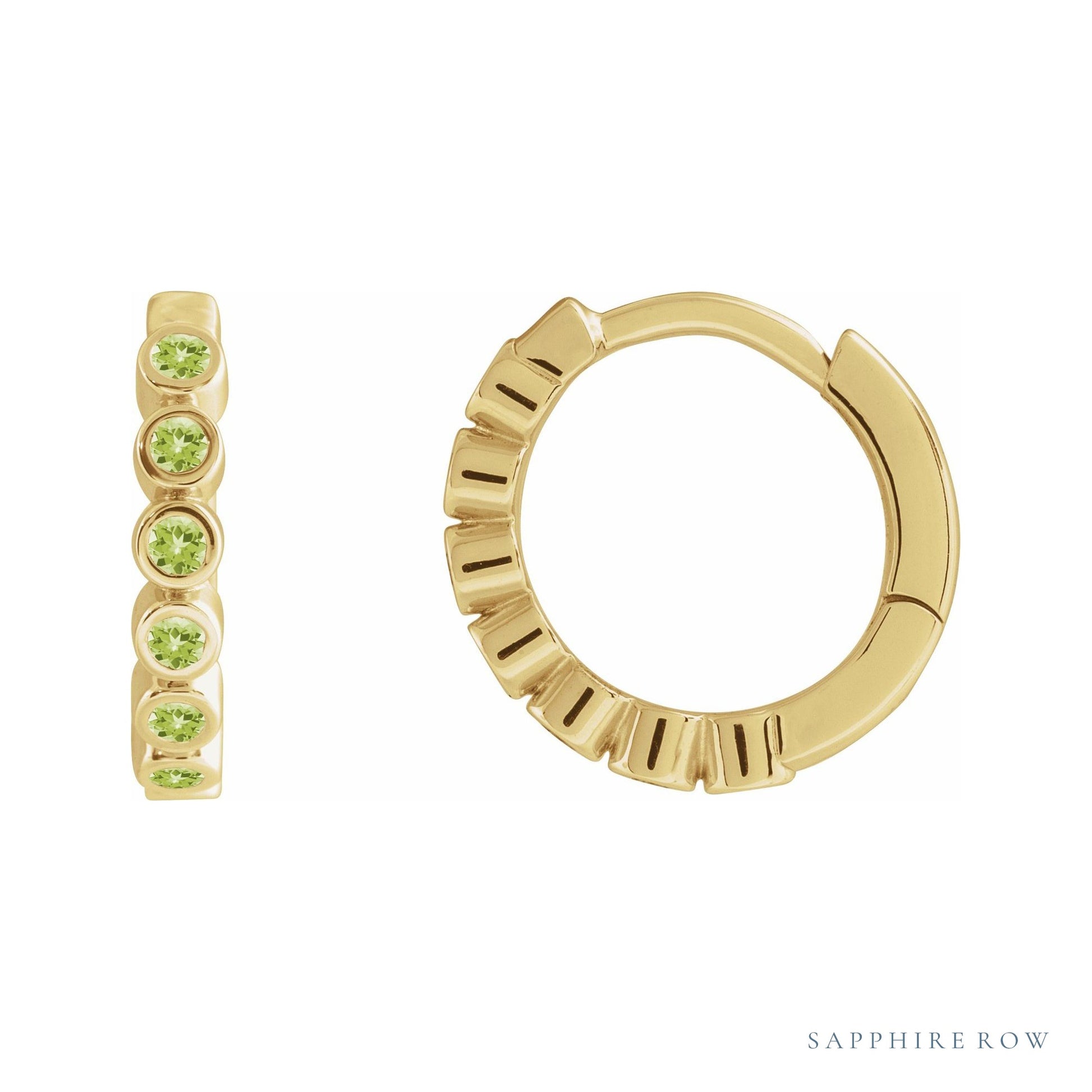 Sapphire Row Natural Gemstone Bezel Huggie Earrings - Peridot, 14K Yellow Gold, 15 mm