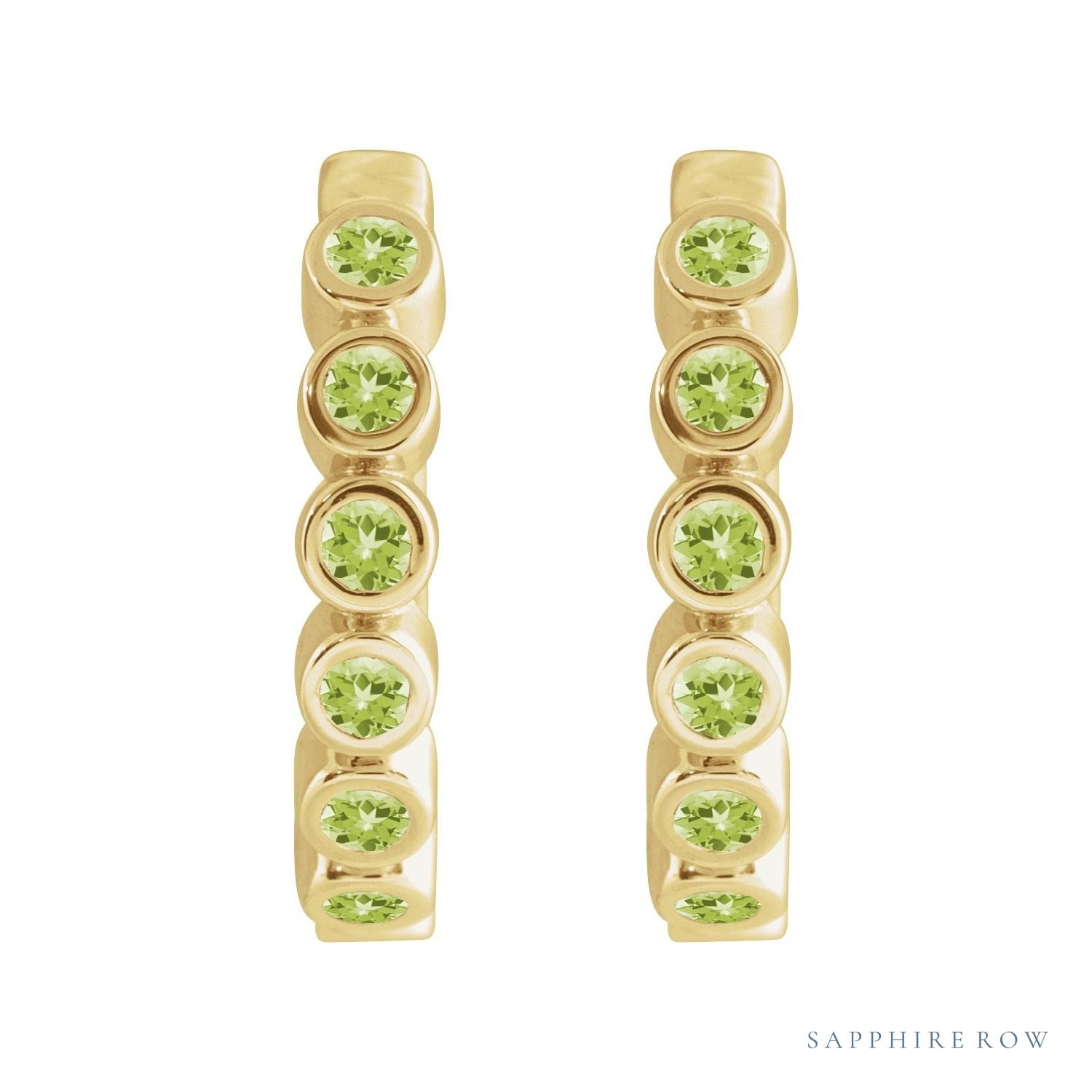 Sapphire Row Natural Gemstone Bezel Huggie Earrings - Peridot, 14K Yellow Gold, 15 mm (view 2)