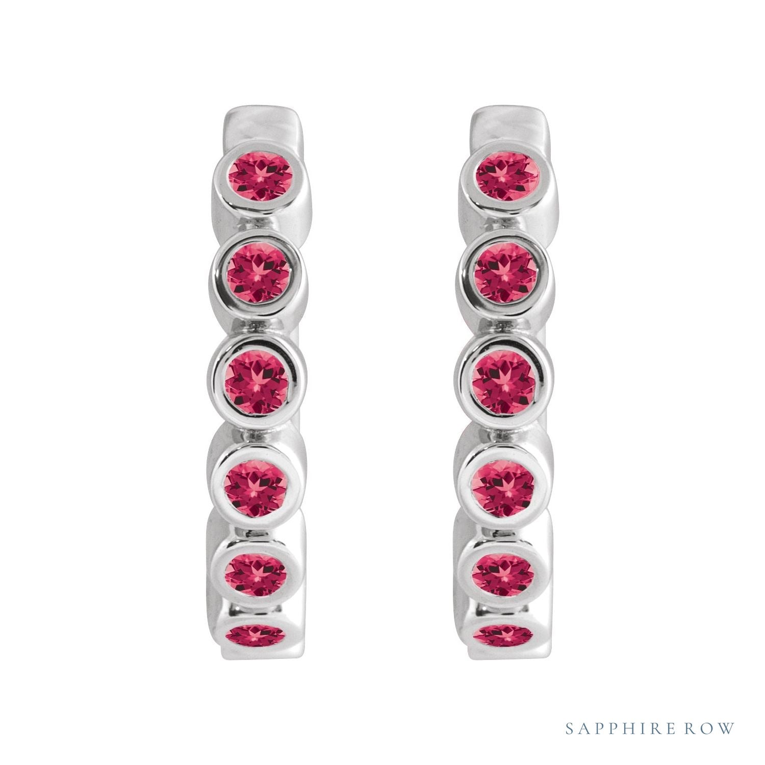 Sapphire Row Natural Gemstone Bezel Huggie Earrings - Ruby, Platinum, 15 mm (view 2)