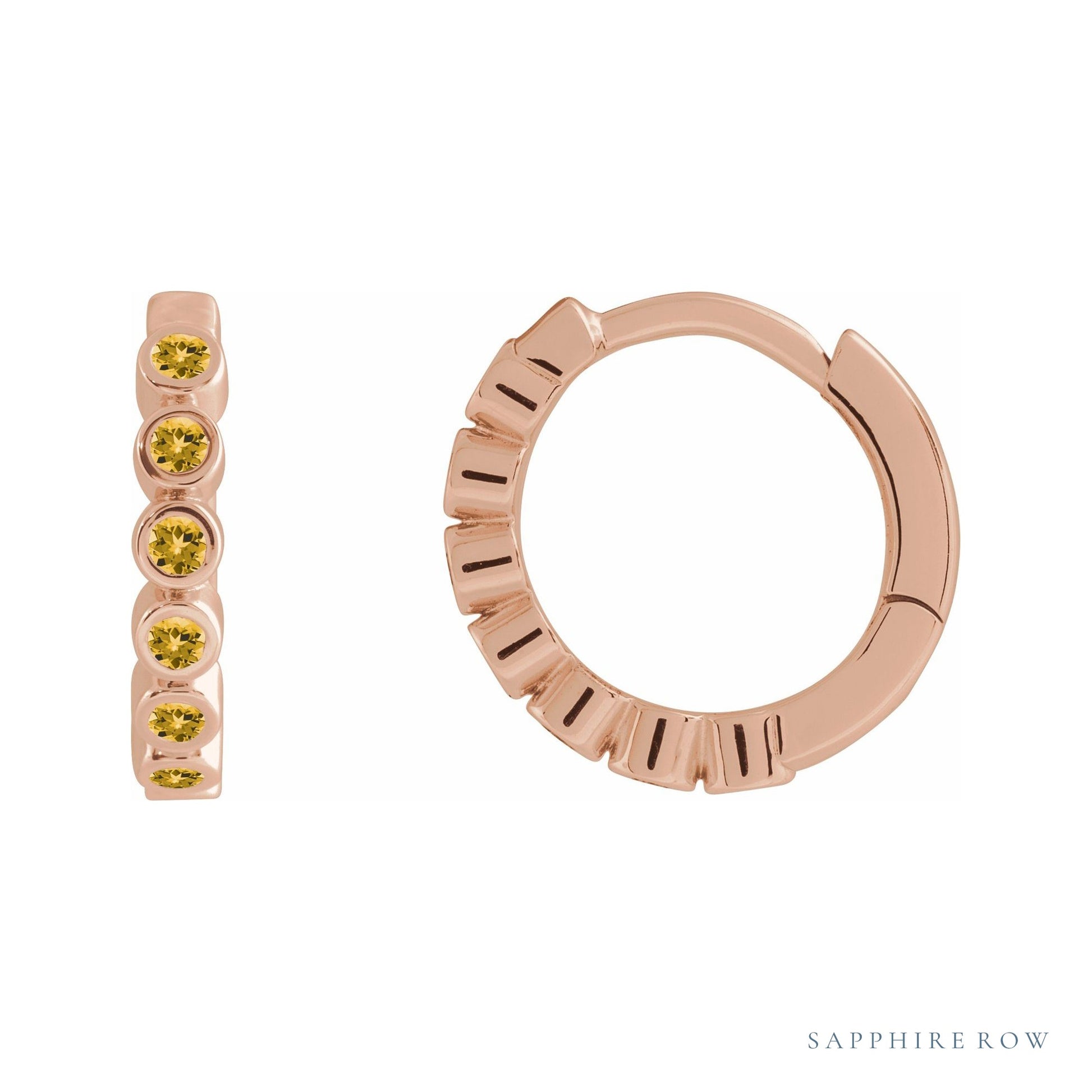Sapphire Row Natural Gemstone Bezel Huggie Earrings - Citrine, 14K Rose Gold, 15 mm