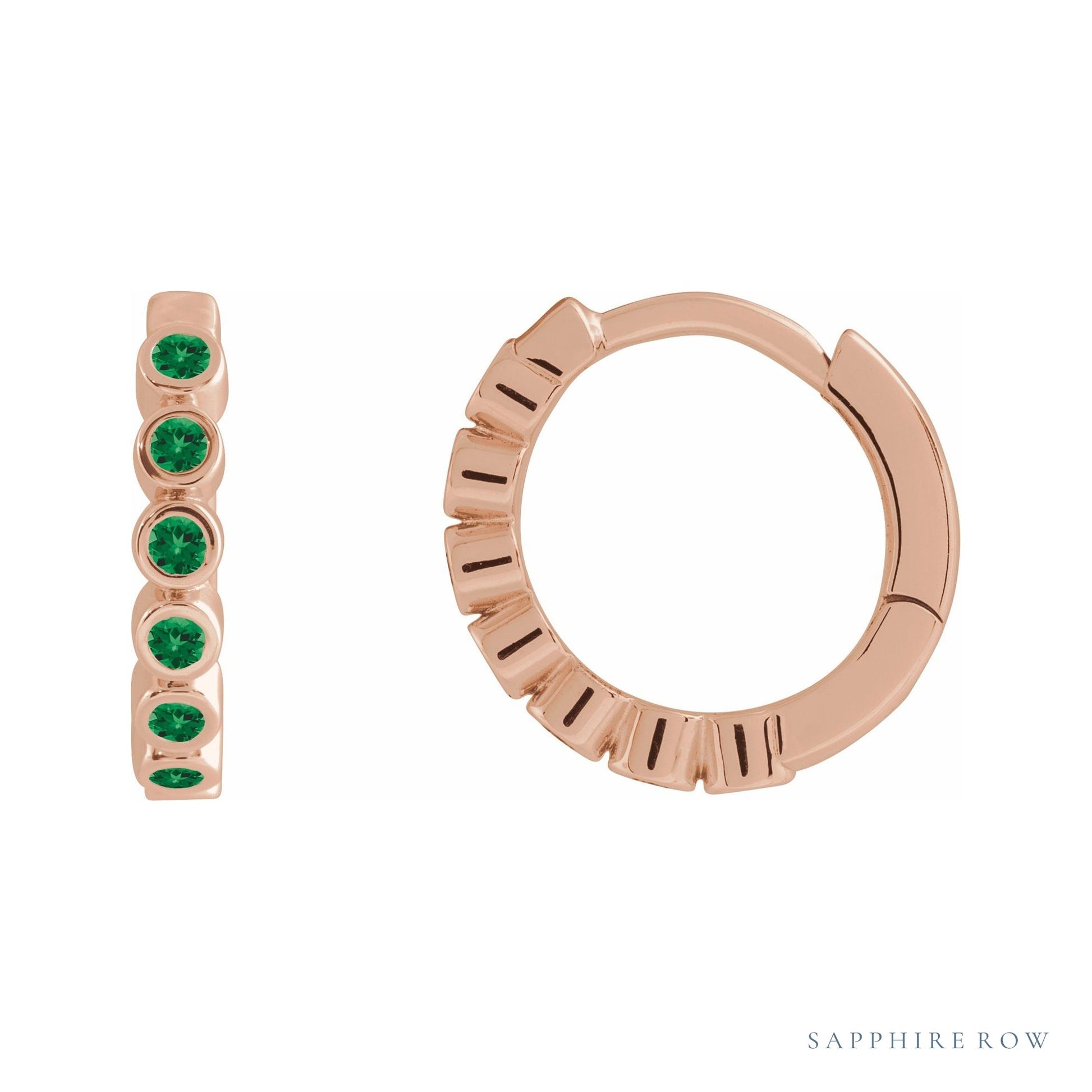 Sapphire Row Natural Gemstone Bezel Huggie Earrings - Emerald, 14K Rose Gold, 15 mm