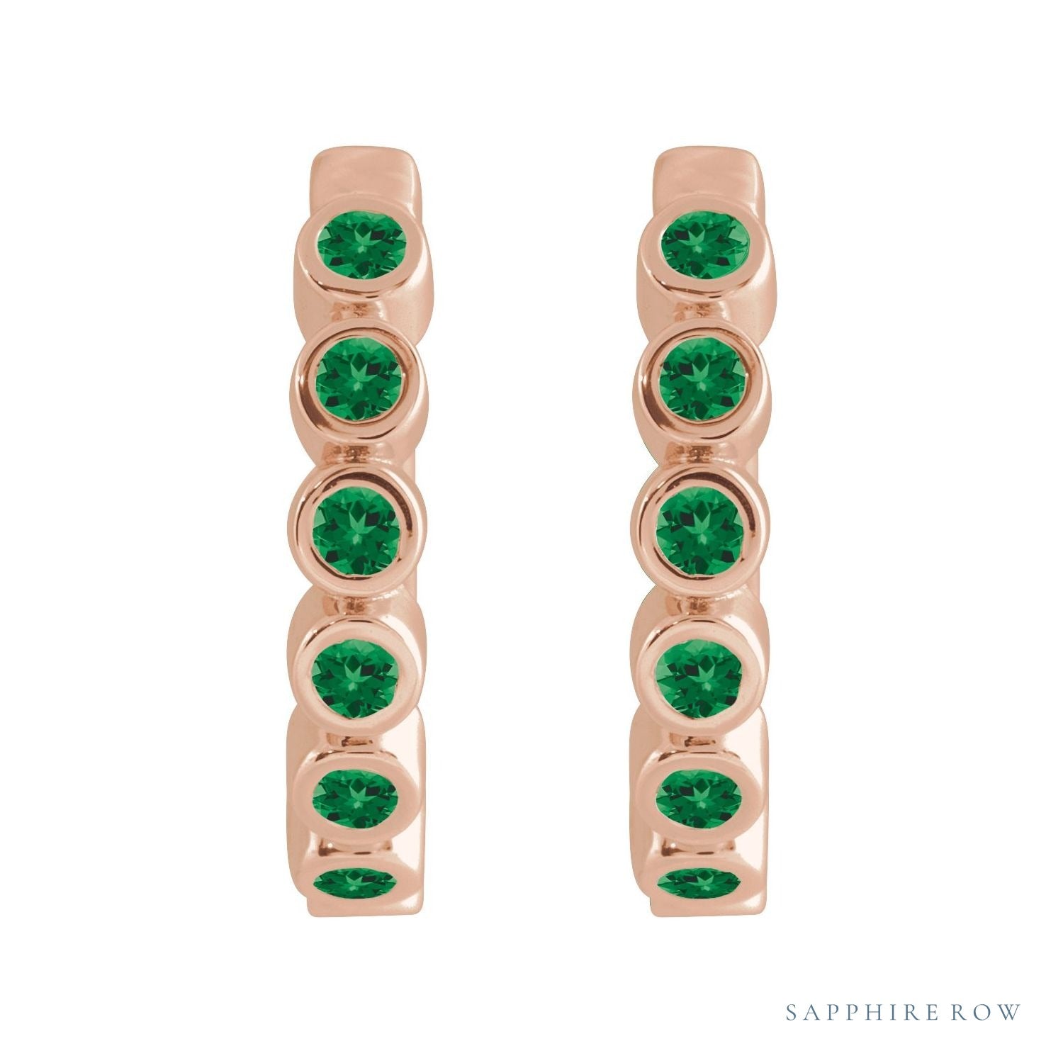 Sapphire Row Natural Gemstone Bezel Huggie Earrings - Emerald, 14K Rose Gold, 15 mm (view 2)