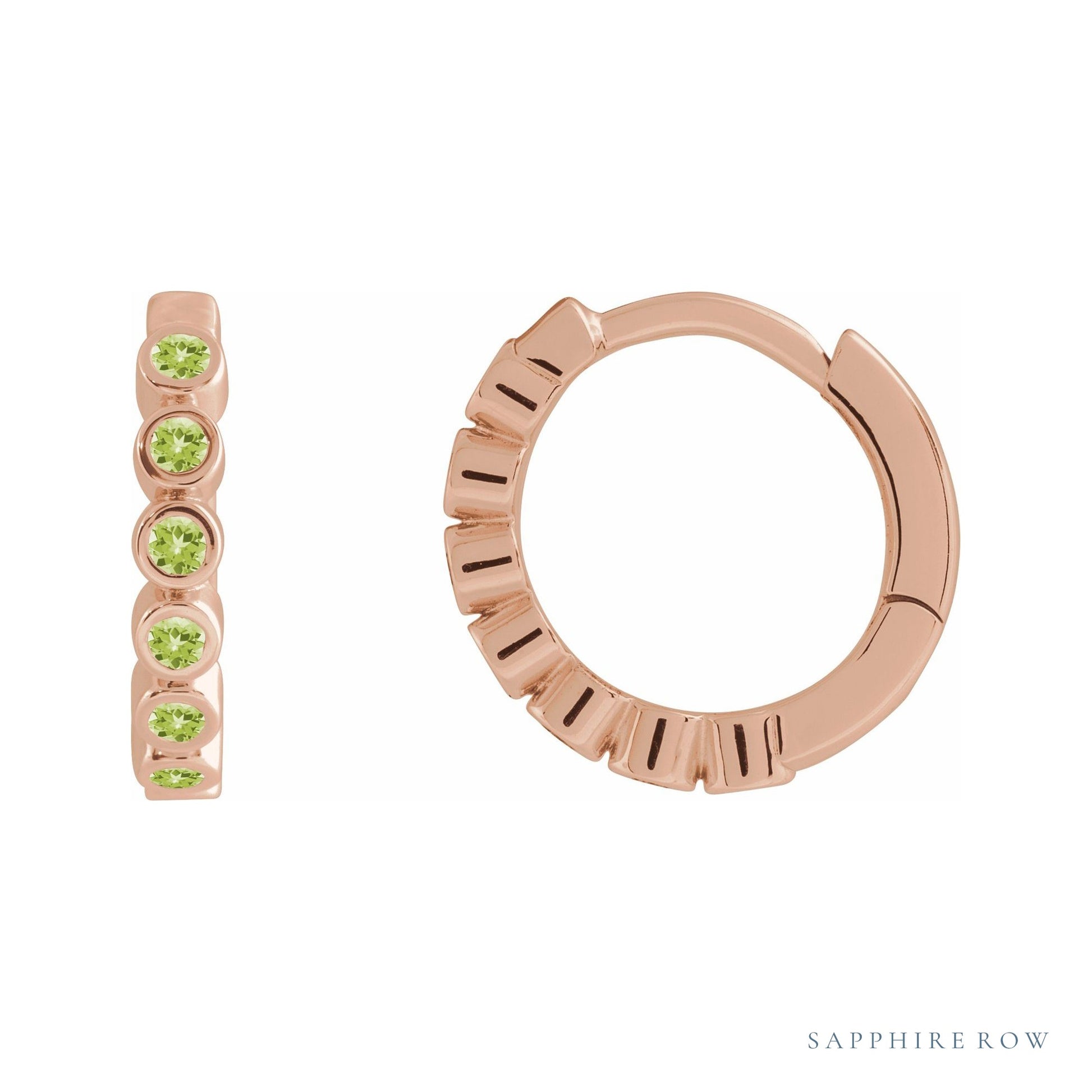 Sapphire Row Natural Gemstone Bezel Huggie Earrings - Peridot, 14K Rose Gold, 15 mm