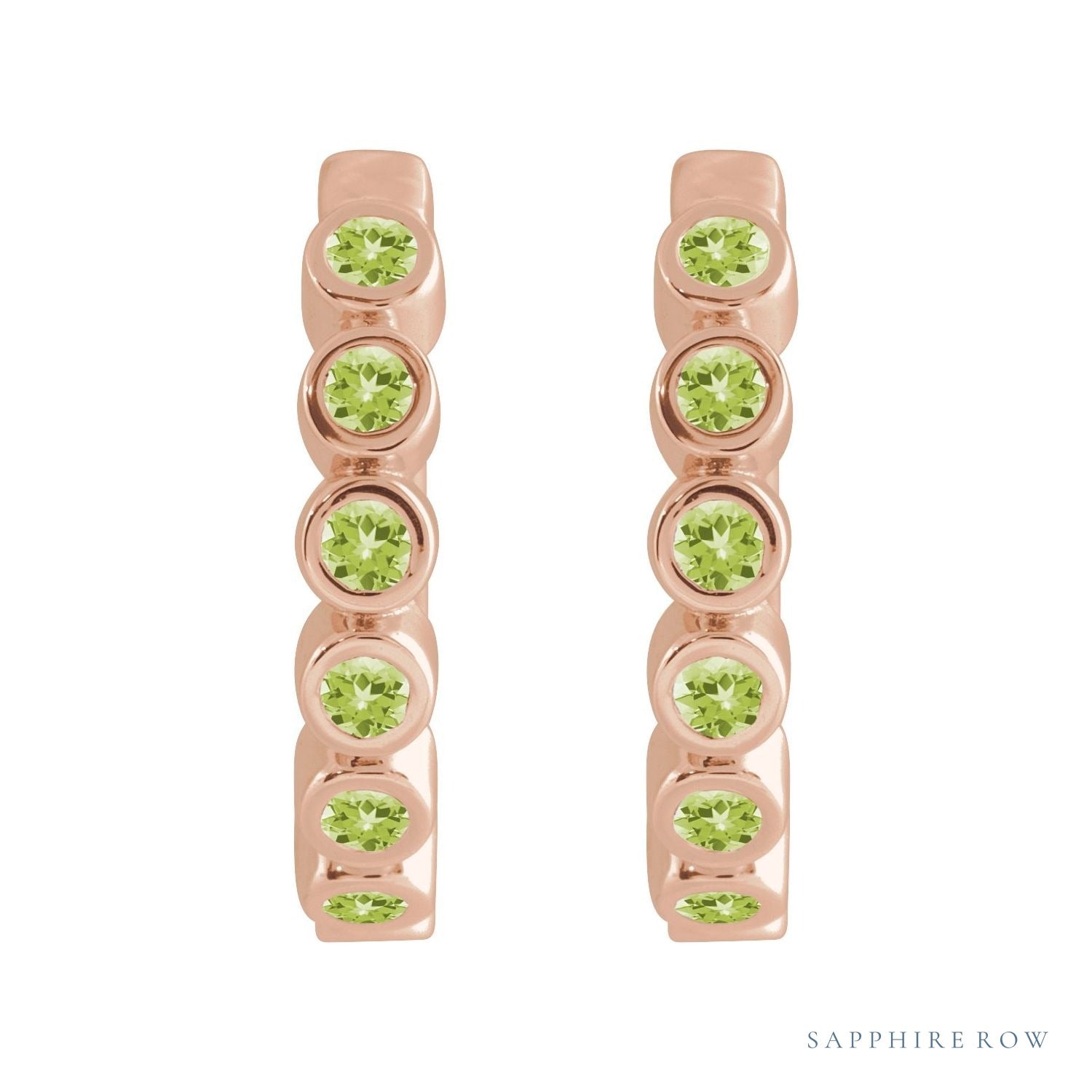 Sapphire Row Natural Gemstone Bezel Huggie Earrings - Peridot, 14K Rose Gold, 15 mm (view 2)
